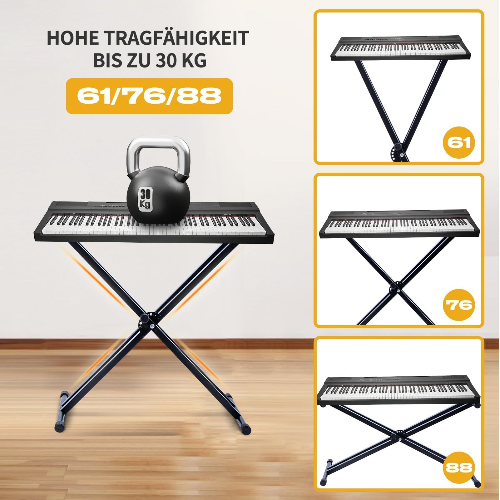 KingSaid Supporto Tastiera Doppia X per 61/76/88 Tasti – Stand Pianoforte Digitale Regolabile 49-97 cm, Struttura in Acciaio Antiscivolo, Pieghevole e Robusto, Capacità 30 kg