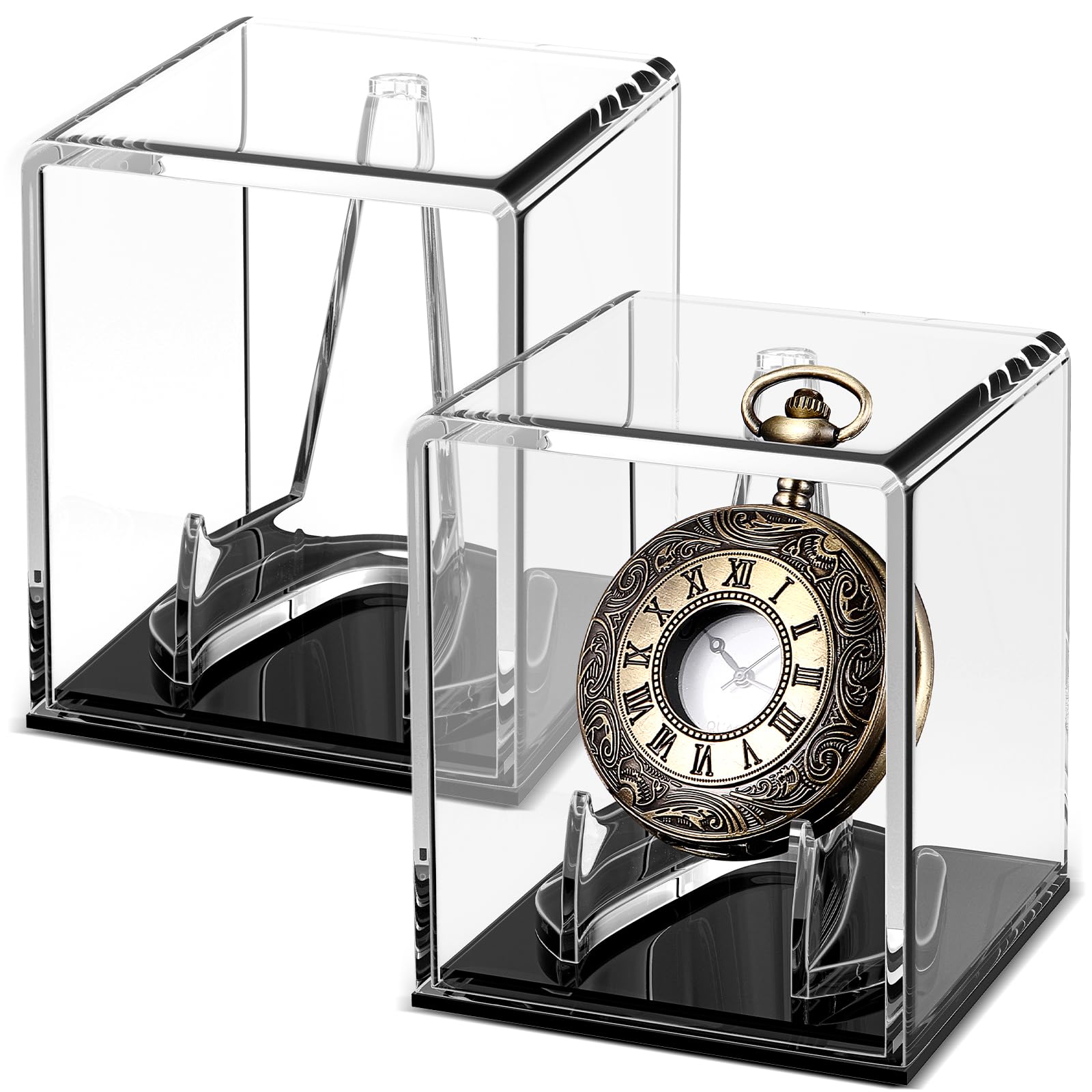 Marsui 2 Pcs Pocket Watch Display Case Acrylic Display Stand Cube Holder 3.54 x 2.76 x 2.76 Inches Protected Cover Clear Box Protected Cabinet Rack Protection Storage Cover Collections