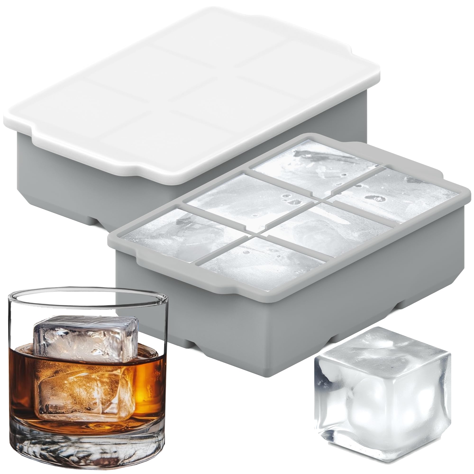 KitchFort Large Silicone Ice Cube Tray (2-Pack), Easy Release 2" Big Ice Cubes - Cocktails, Whiskey Ice Cubes Mold - BPA Free Large Ice Cube Molds - Ice Molds With Stackable Lid - Gray