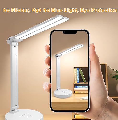 Miniatura 5 de Lámpara de escritorio, lámpara recargable inalámbrica LED, 2800K-6500K CCT luces de lectura de doble brazo oscilante para libros en la cama, lámpara