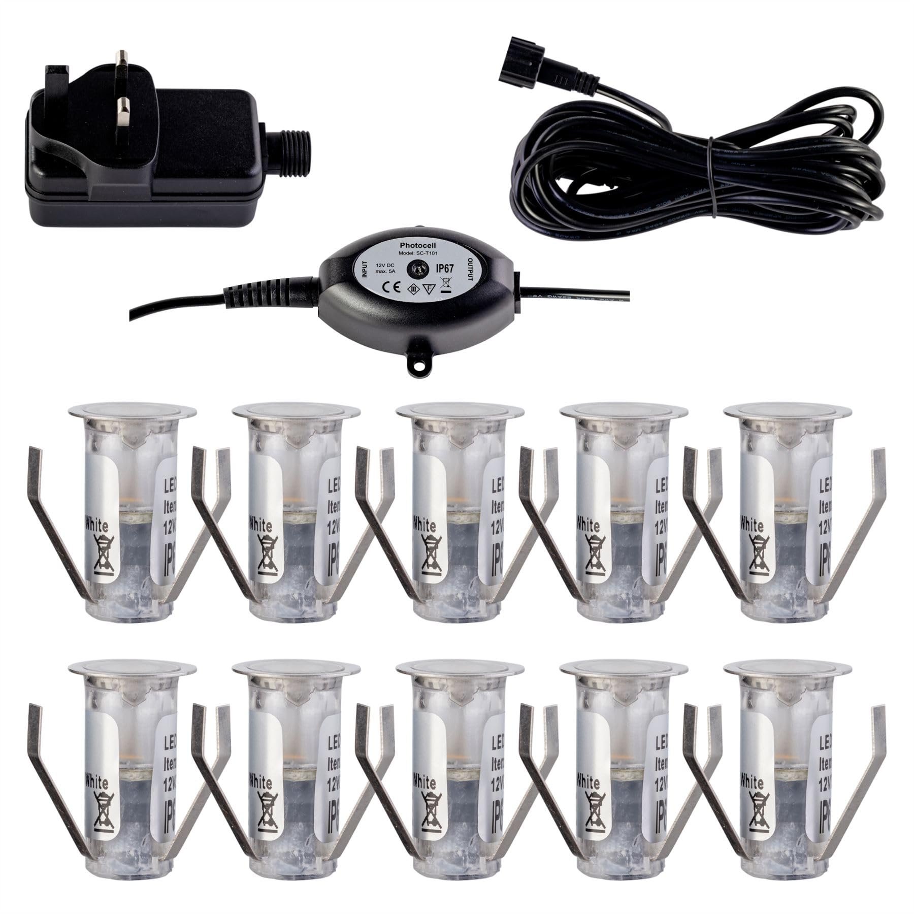 First Choice Lighting 10x 15mm IP67 Cool White LED Decking Kit - Stainless Steel - Photocell Control