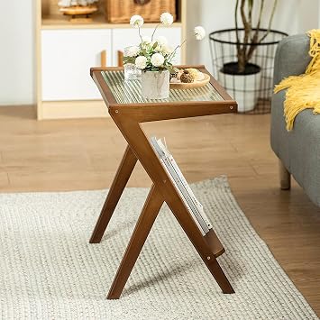 Rattan Nightstand Side Table, Bamboo Accent Bedside Tables, Glass Coffee Tables, Boho End Table with Storage for Small Space Living Room Bedroom, Brown
