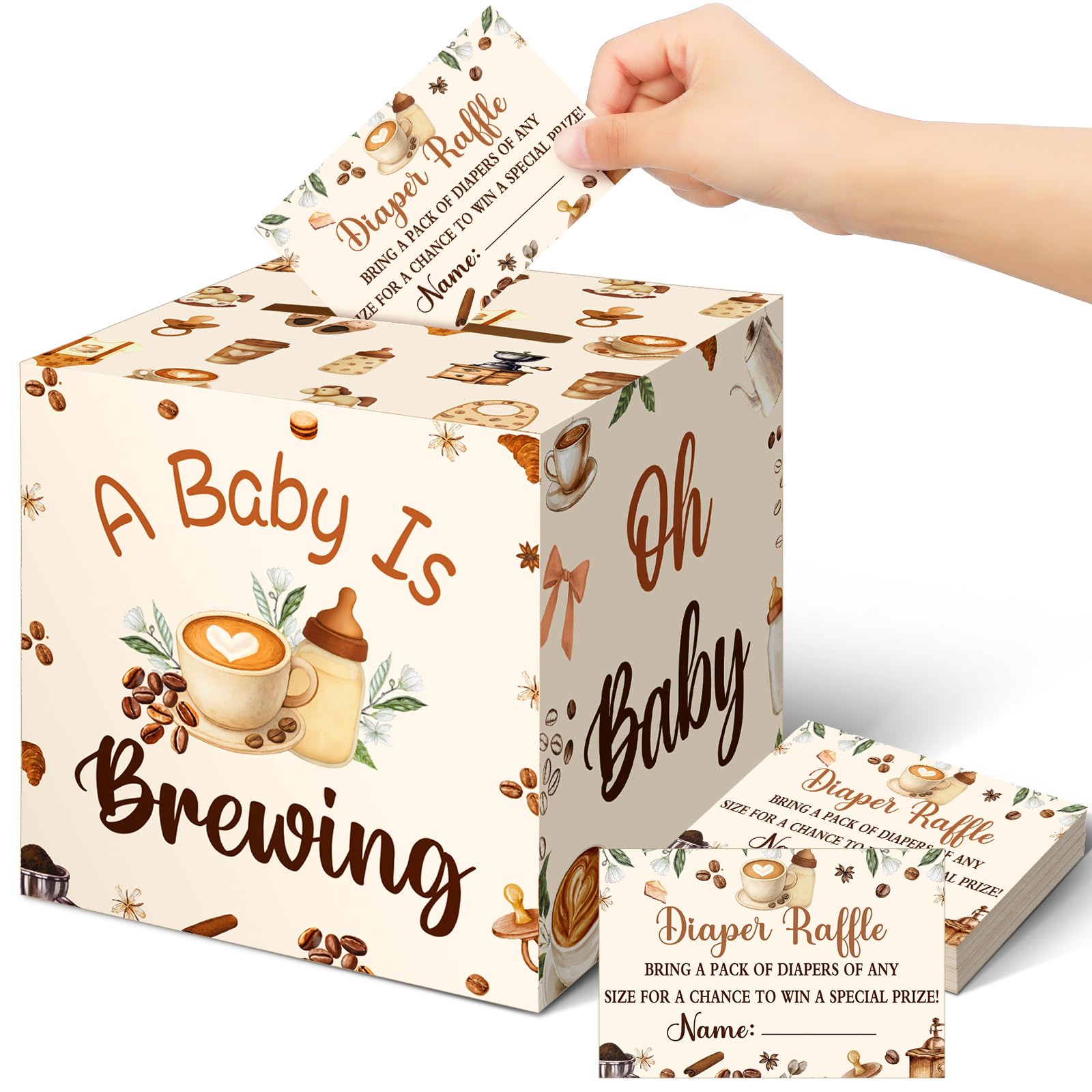 Teling 51 Pcs Coffee Beans Diaper Raffle Ticket with Box Baby Shower Holder
