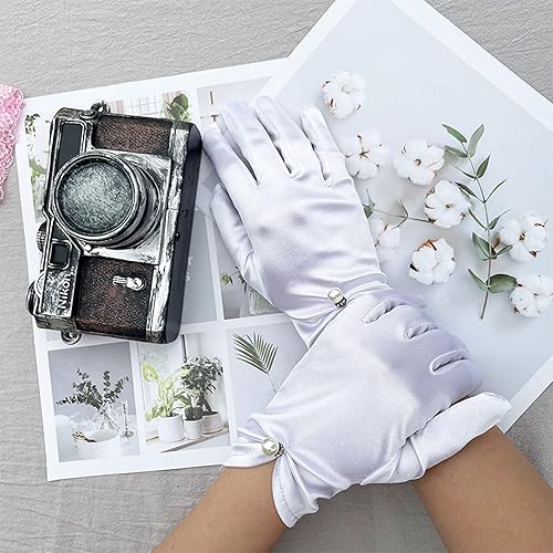 Miniatura 24 de Vestido de novia de satén para mujer, fiesta de ópera, guantes de los años 20, guantes hasta la muñeca Blanco