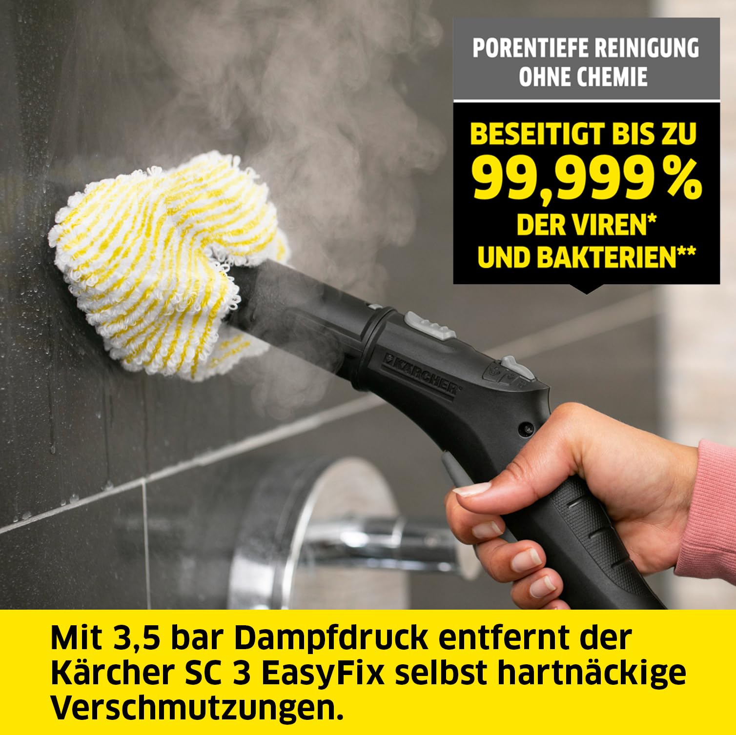 Kärcher Dampfreiniger SC 3 EasyFix Dampfdruck: max. 3,5 bar Aufheizzeit: 30 s, Leistung: 1.900 W, Flächenleistung: 75 m² Tank: 1 l, mit Entkalkungskartusche, Bodenreinigungsset und Düsen Weiss, Boden