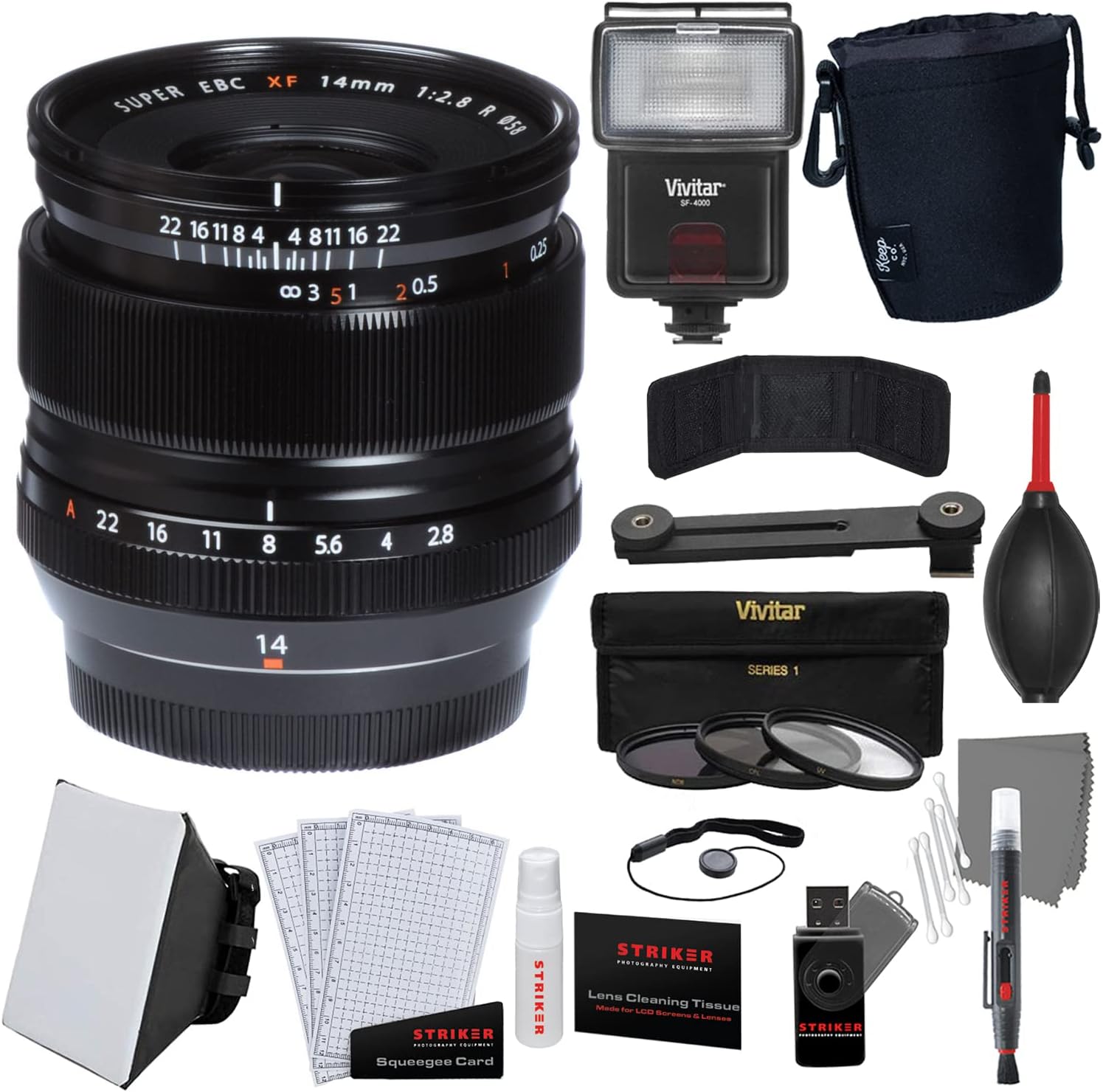 Fujifilm XF 14mm F/2.8 R + Striker Deluxe Photo Starter Kit + 3-Piece Multi-Coated HD Filter Set + Lens Pouch | Small + Vivitar SF-4000 Flash with Bracket [45124] + Soft Box Flash Diffuser