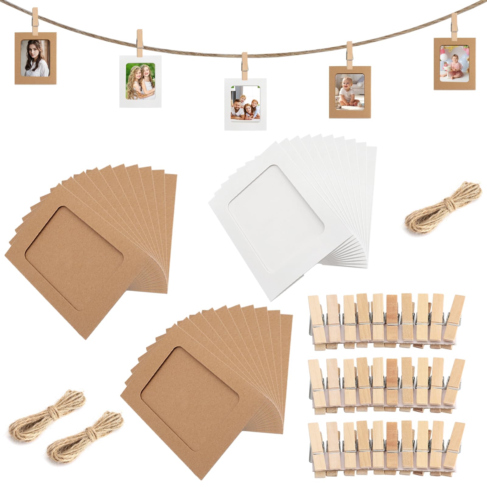 20 Cornici Portafoto In Cartone 11,5x15,5cm – Set Con Fili E Clip Per Foto 6x4, Decorazione Fai Da Te Per Casa E Festa