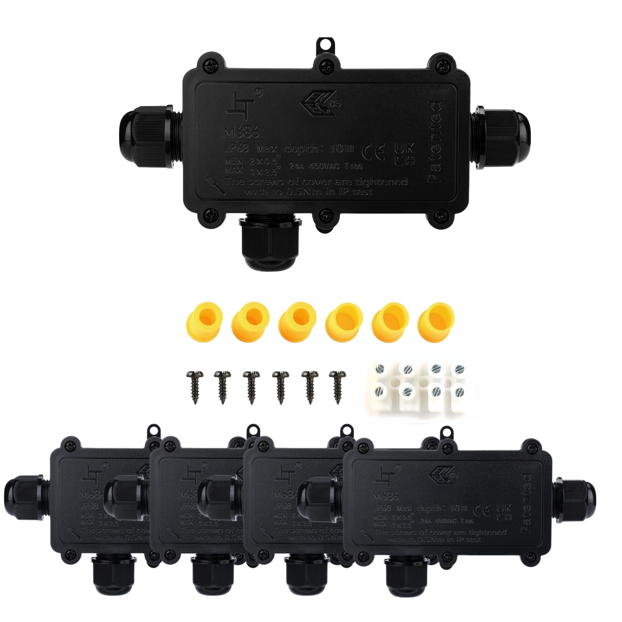 Tynoscco IP68 Waterproof Junction Box Outdoor,3-Way Electrical Splice Box Outdoor with 3Cable M20 Gland Wire Connector Extension Electrical Cable Protector for Diameter Cable Ø4-12mm Black