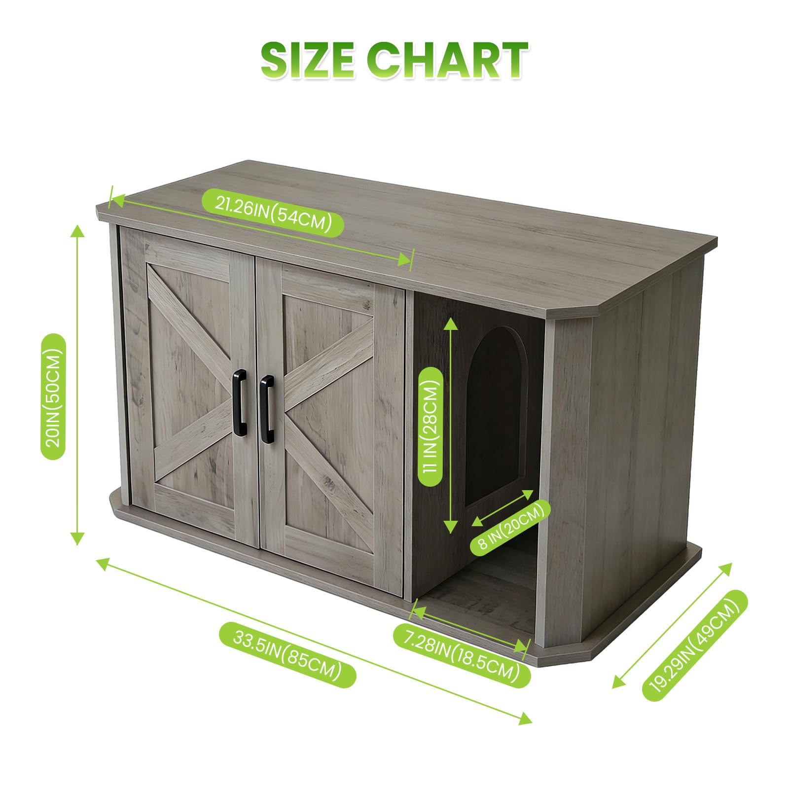 Katzenklo Schrank, Katzentoilettenmöbel, 2 Türen mit Seiteneingang | 85 x 49 x 50 cm, PB-Spanplatte, pflegeleicht, verstecktes Katzenklo, für kleine Räume, 3 Farben: Weiß, Weiß+Braun, Grau