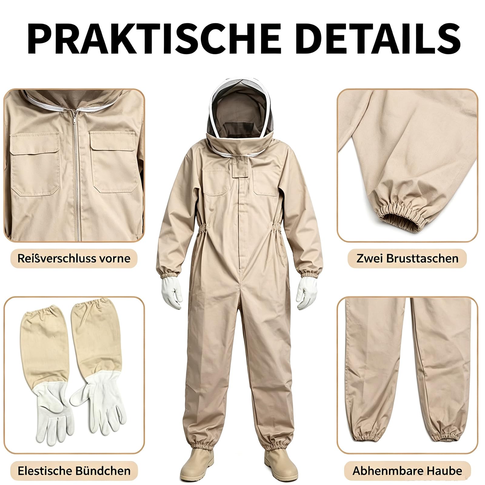 Imkeranzug mit Schleier Handschuhen, Imker Ganzkörper Schutzanzug für Herren und Damen, Polyester Baumwoll Imker Kostüm für Berufsimker und Anfänger (Size:XXL,Color:A)