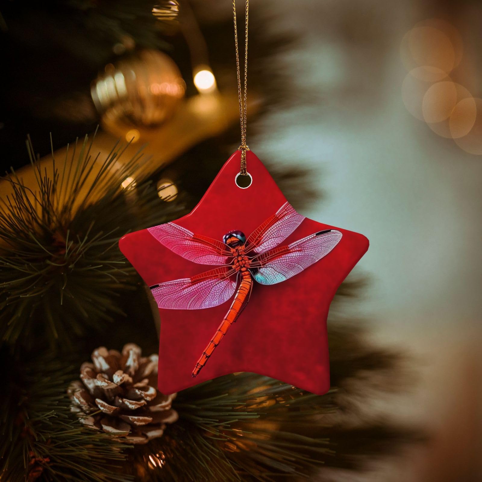 Christmas Ornaments for Christmas Tree Decoration Hanging Dragonfly on Red Background Ornament with Gold Ribbon Crafts Star Shape Ceramic Pendant for Keepsake Gifts Xmas Decor Party Supplies