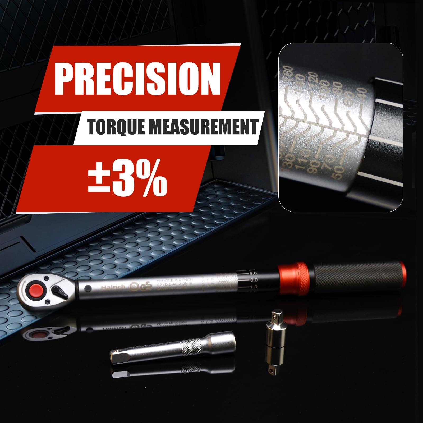 STRONG K® Clé Dynamométrique 1/2 Auto Moto Professionnelle (28-210 Nm) Cliquet Réversible + Rallonge 1/2' 12,5 Cm + 3 Douilles (17,19,21 Mm) Clef Dynamometrique + NOTICE FRANÇAISE