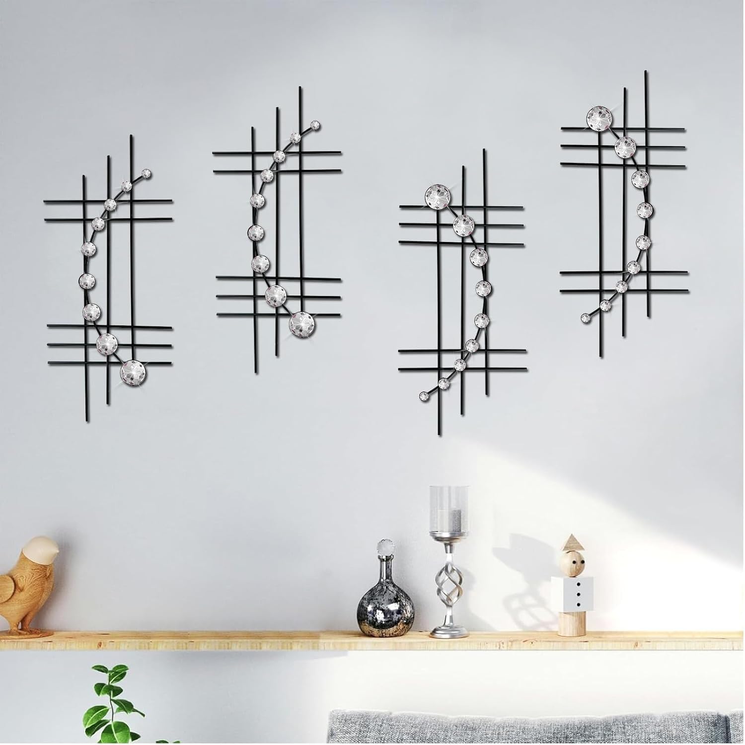ZEXUIRU 4 Set Bling Metal Wall Art Jeweled Crystal Hang Wall Decor Rhinestone Diamond Iron Abstract Wall Sculpture 24 * 11.8inch Black