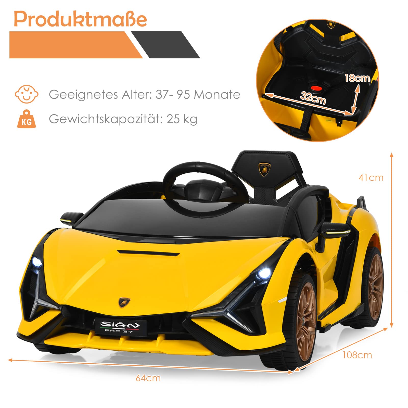 GOPLUS Kinder Elektroauto Lamborghini, Kinderauto mit Fernbedienung, Kinderfahrzeug, Bluetooth USB, mit Hupe & Musik, 3-5 km/h, Vorwärts & Rückwärts Möglich, für Kinder von 3-8 Jahre (Gelb)