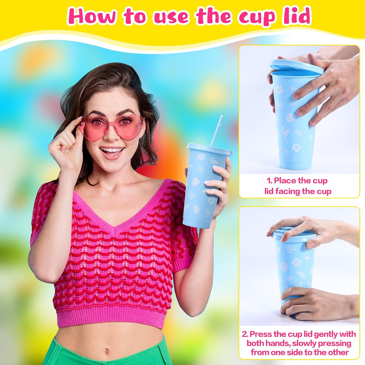 12PC 24 oz Hawaiian Cups with Straw and Lid Luau Party Favors Tumbler Cups Summer Tropical Reusable Plastic Travel Mug for Beach Tiki Aloha Party Supplies