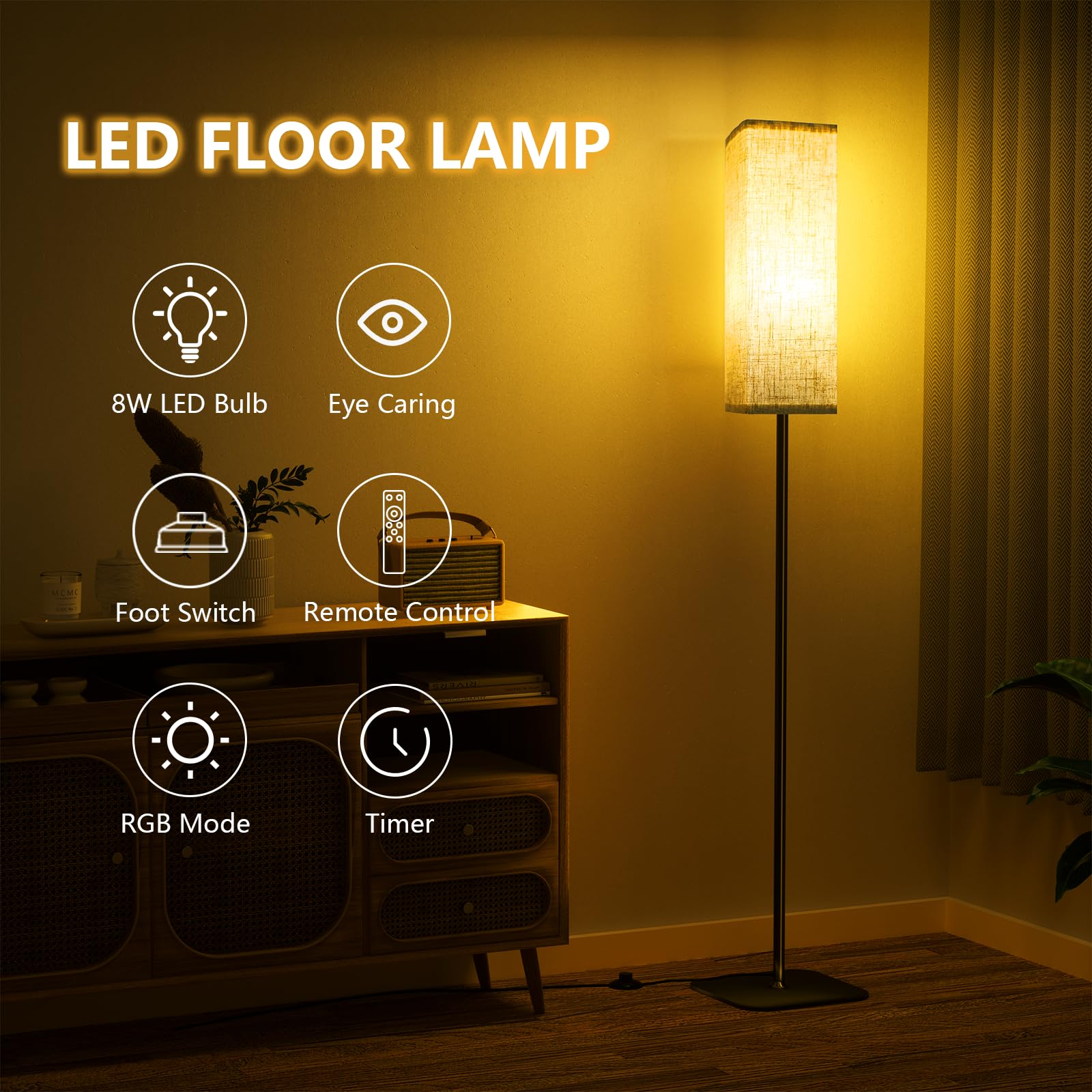 CRLL Lampadaire Sur Pied Salon Avec Télécommande - 12W LED Dimmable 2700K-6500K, Abat-jour Lin, Idéal Chambre Et Bureau