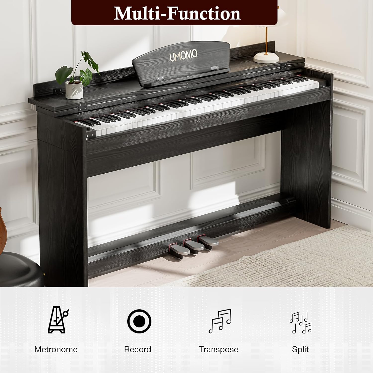 UMOMO 88 Key Digital Piano Keyboard with Piano Stand, Full Size Electric Piano, Headphone Jack, 3 Pedal, Electronic Piano for Beginner, Adults, Black