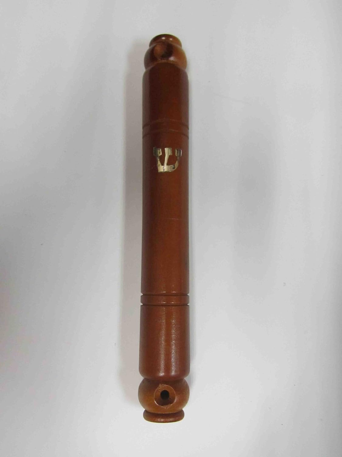 Round Brown Wooden Mezuzah Holder with Gold Shin 12cm