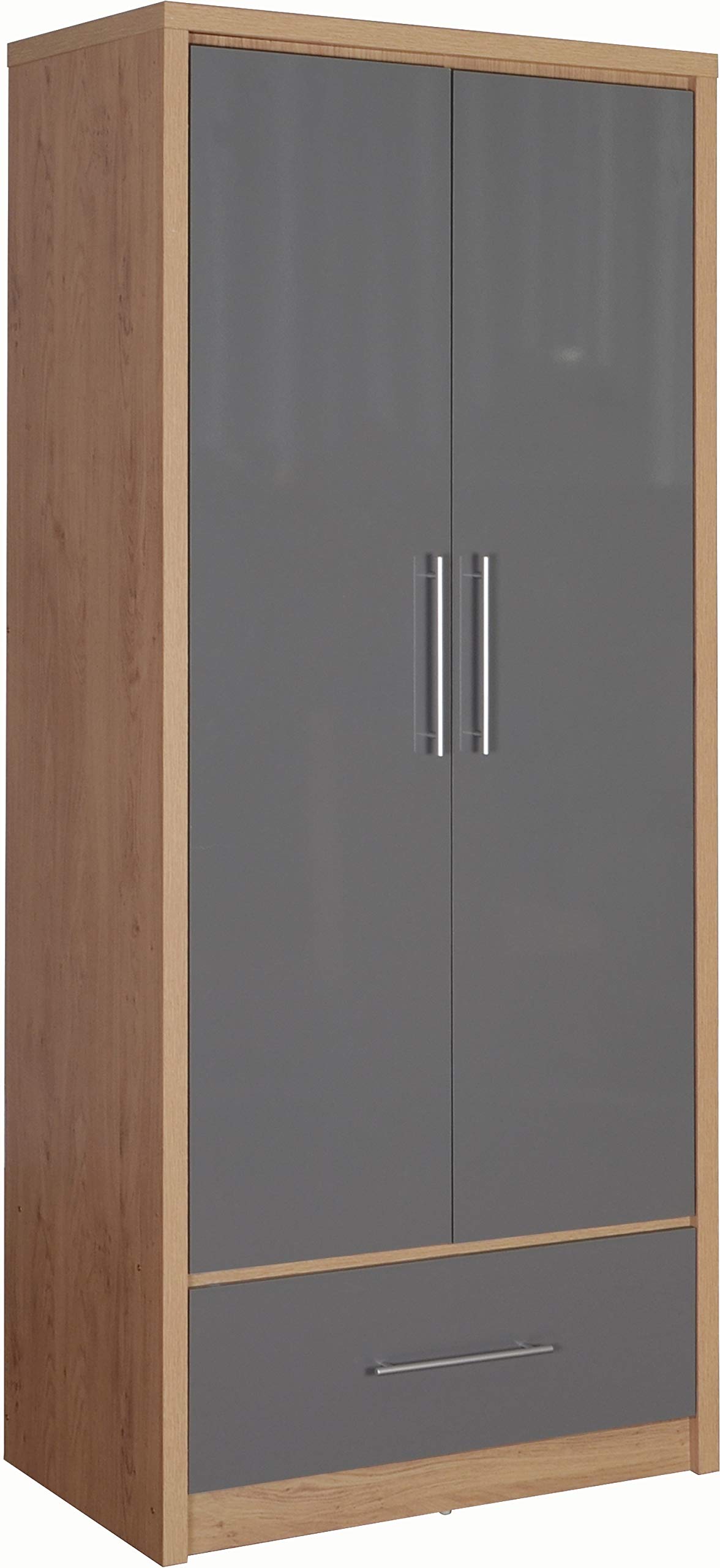 Seconique Seville 2 Door 1 Drawer Wardrobe Gloss Oak Effect Veneer Hanging Rail Grey