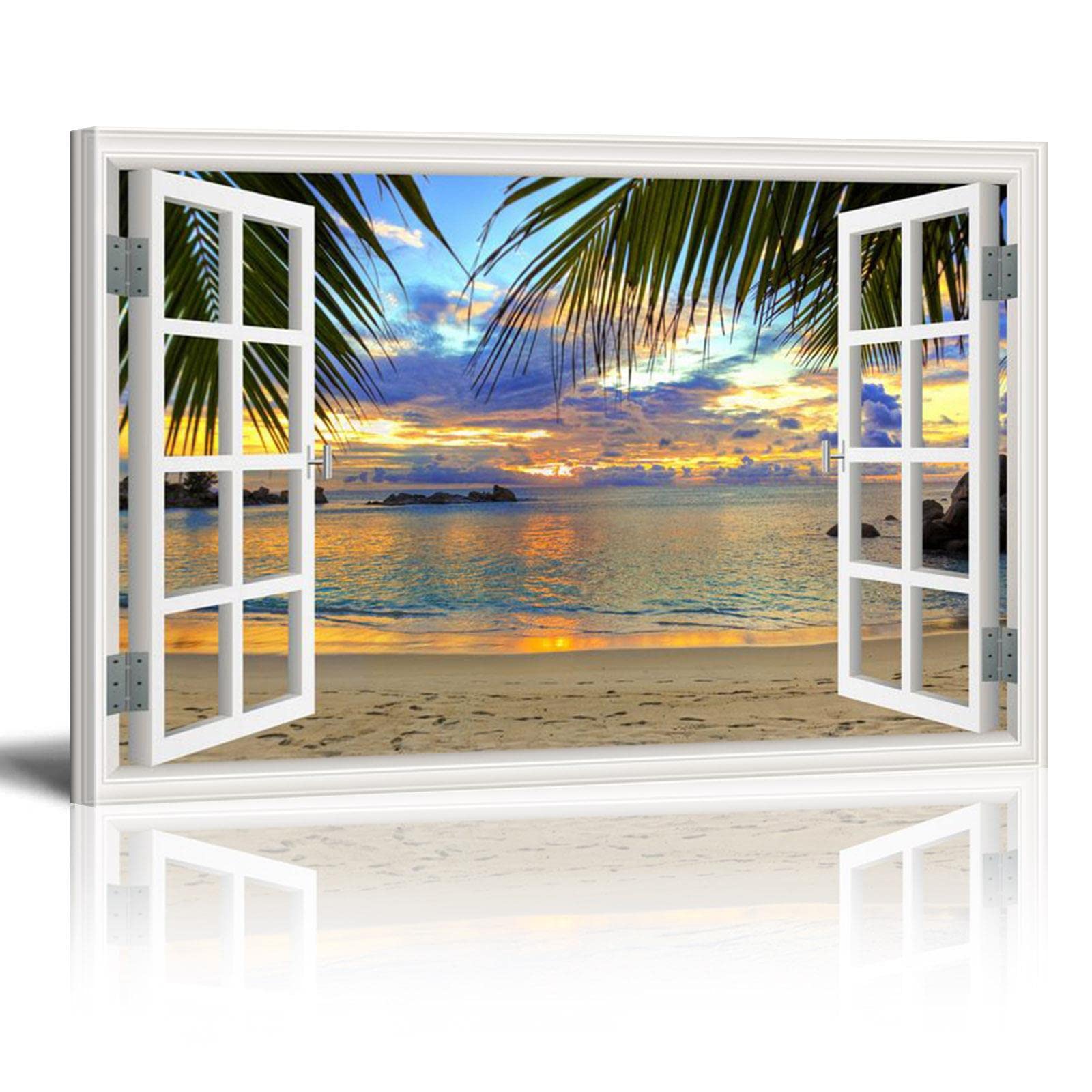 HOLEILUCK Landscape Beach Sunset View 3D Window Effect Nordic Wall Art With Framed 105x80cm/41x32in With Frame — image 1