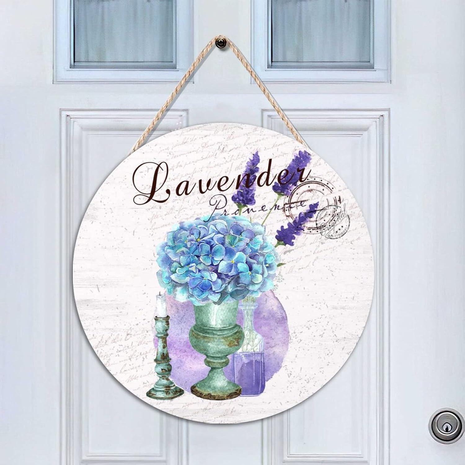 Vintage Wall Hanging Sign Plaque, Lavender Wood Door Sign, Floral 16x16in Round Door Hanger Sign for Backyard Front Porch Farmhouse Front Door Decor Housewarming Gifts