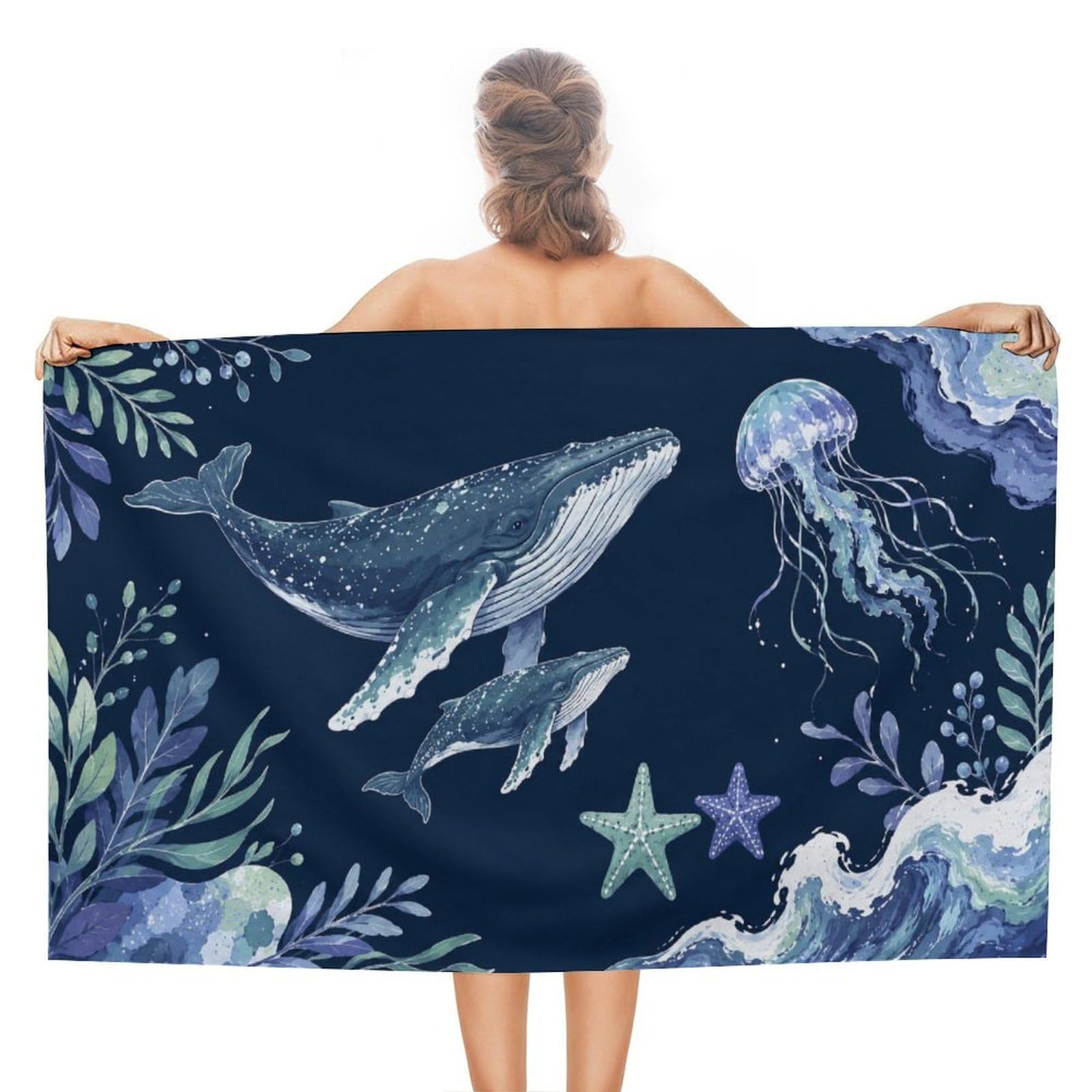 Anceky Whale Jellyfish Starfish Ocean Waves Oversized Beach Towel Quick Dry Sand Free Microfiber Travel Towel Lightweight Multi Purpose Beach Blanket Pool Gym Bath Towel 51x31 in
