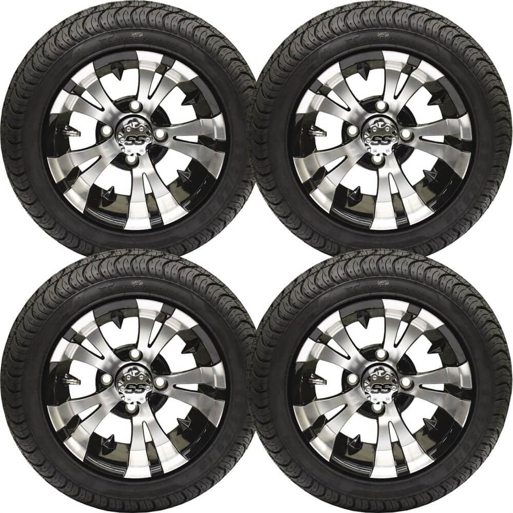 D118 12x7 Golf Cart Wheel, 4/4 Bolt Pattern, 3+4 Offset with GF04 225/35-12, Non-Directional, 4-Ply Rated, Tubeless Golf Cart Tires, General Purpose 19x8-12 Golf Cart Tire & Wheel Kit - Set Of