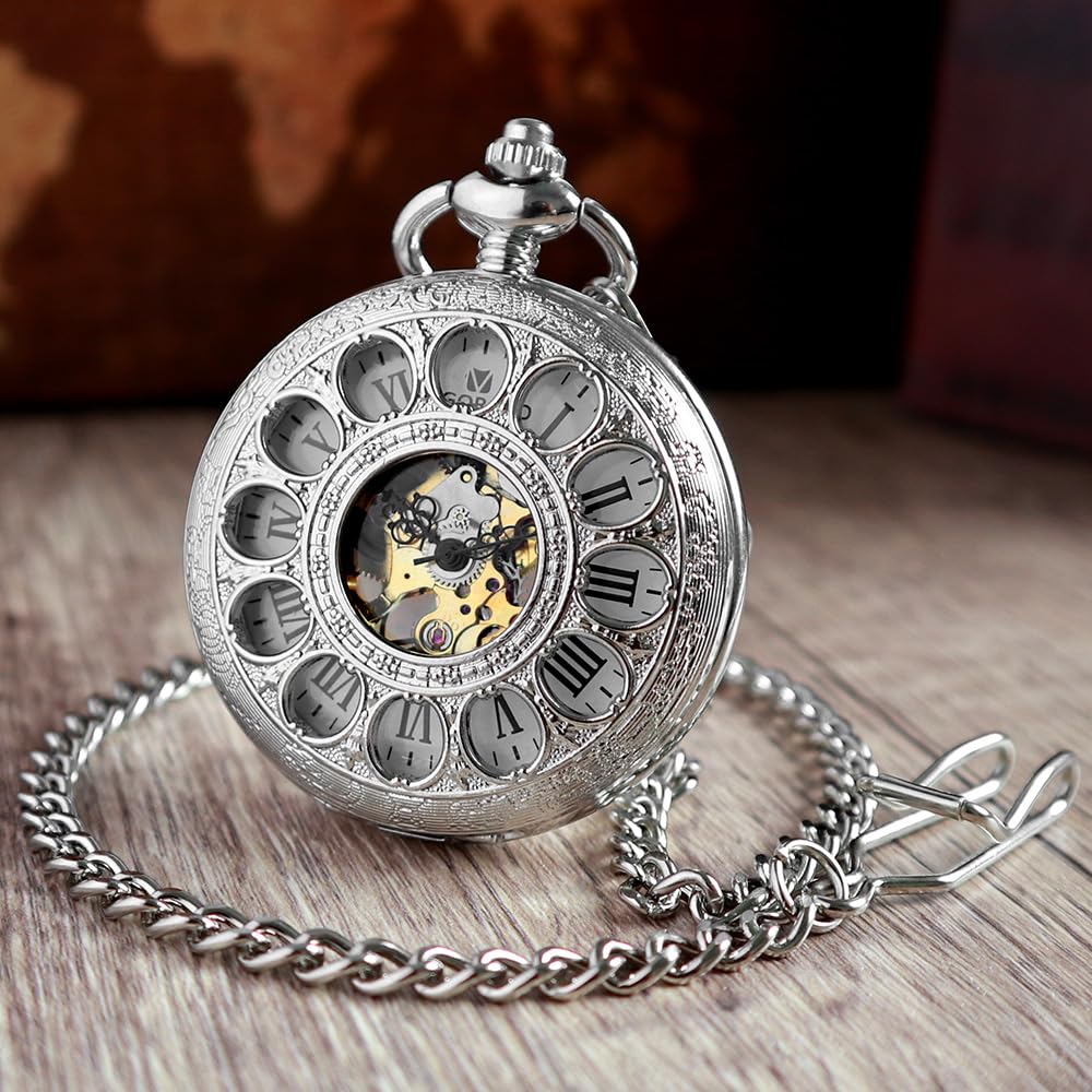 VIGOROSO Vintage Hand Wind Up Pocket Watches for Men, Mechanical Silver Pocket Watch with Chain, Mens Skeleton Pocketwatch
