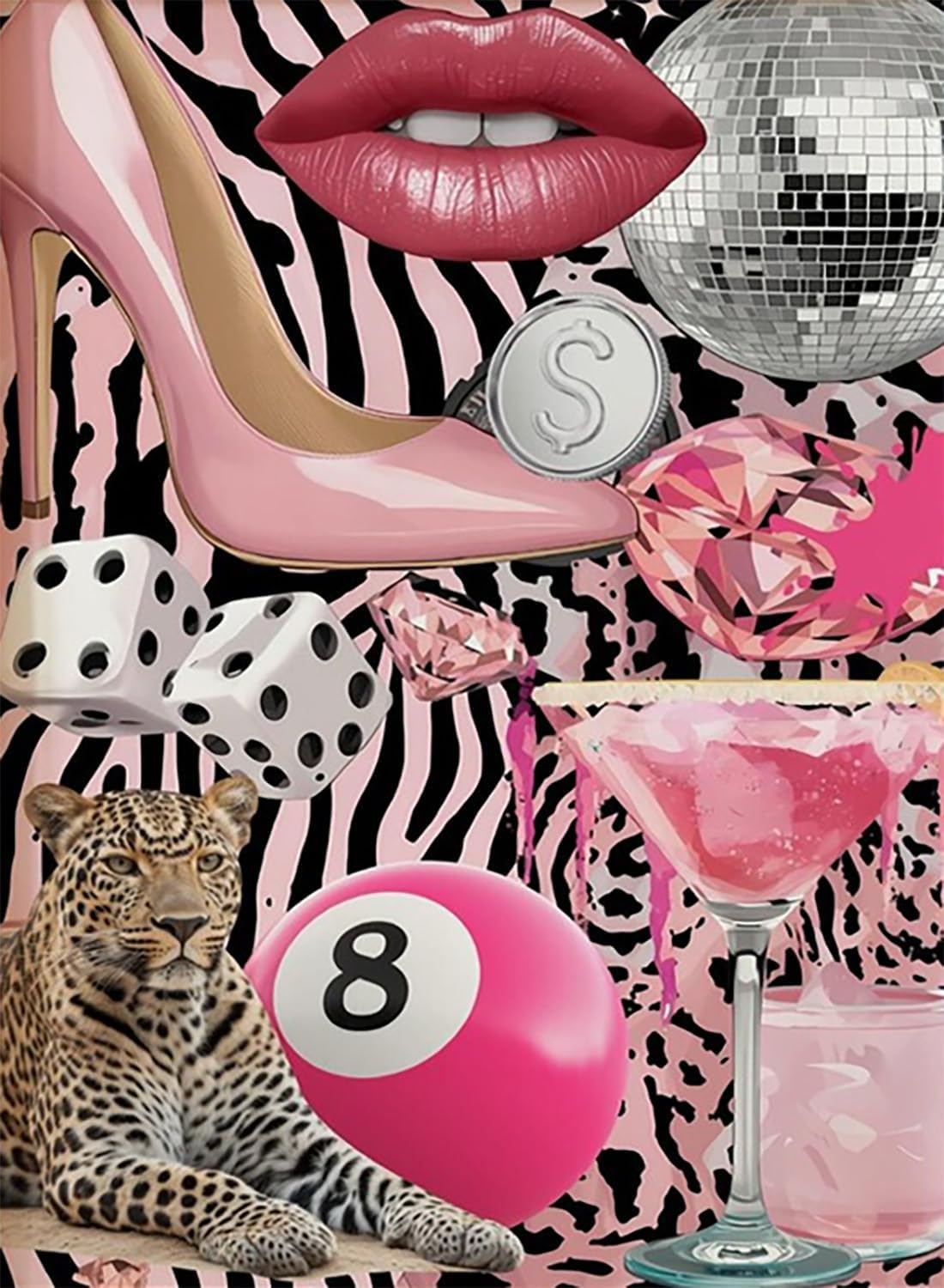 Diamond Art Kits for Adults Beginner, Pink Girly DIY Modern Diamond Painting Kits 5D Diamond Dots Gem Art Crafts with Tools, Trendy Cheetah Round Full Drill Crafts for Home Wall Decor&Gift-12X16inch