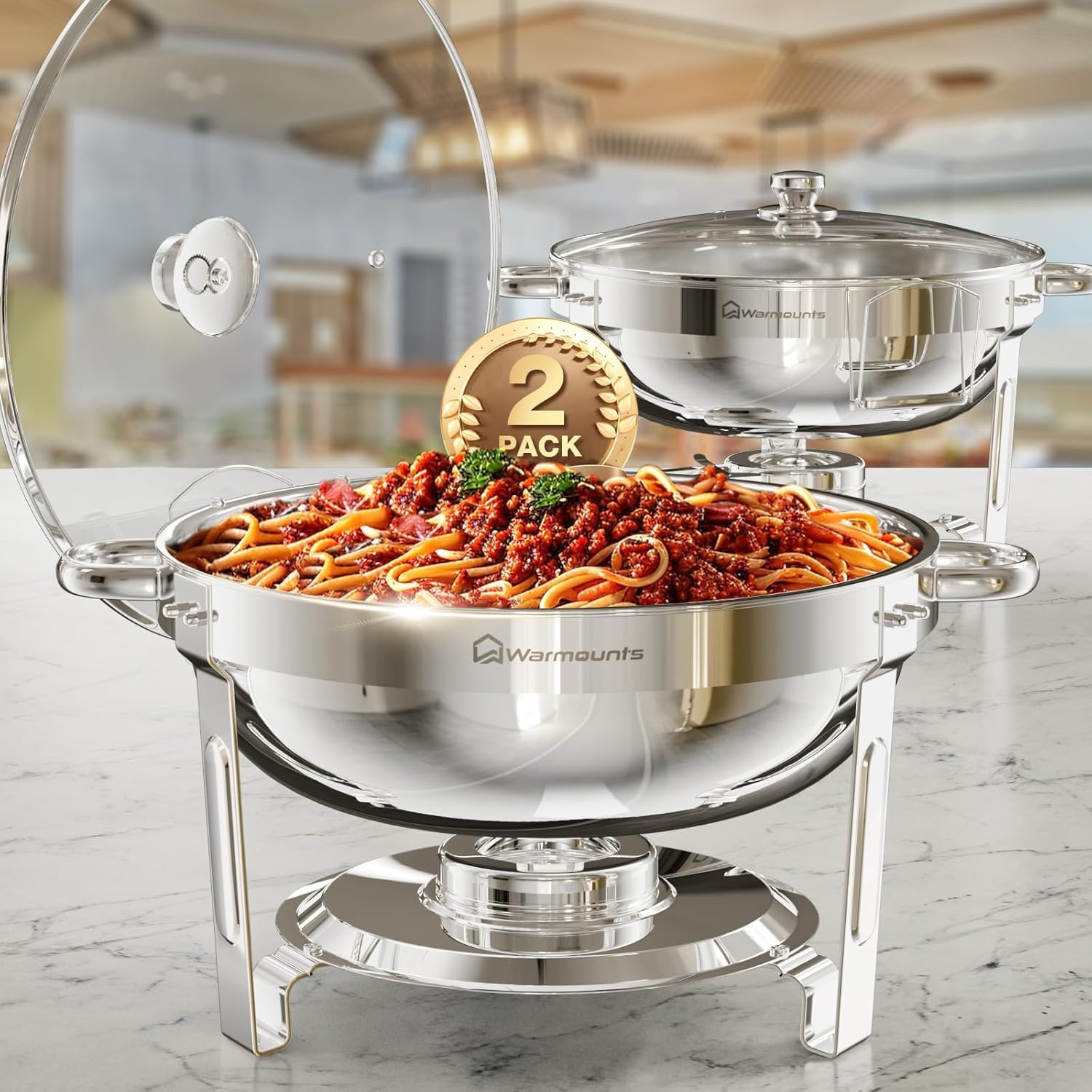 WARMOUNTS 5QT Round Chafing Dishes for Buffet with Glass Lid 2 Pack, Chafers and Buffet Warmers Set with Mirror-Polished Stainless Steel, Rolled Rim, Stackable, Lid Holder for Parties, Catering