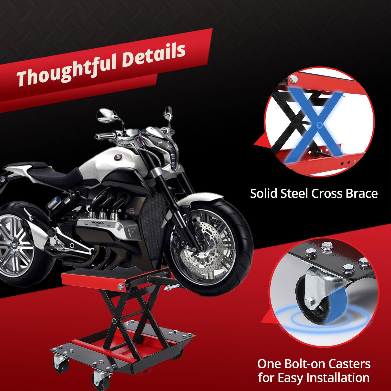 Garvee Cric élévateur Moto Robuste à Ciseaux avec roulettes–Capacité 500kg | Plateau large antidérapant–Goupilles de sécurité –Manivelle centrale–Pour motos, quads, dirt bikes – Facile à utiliser