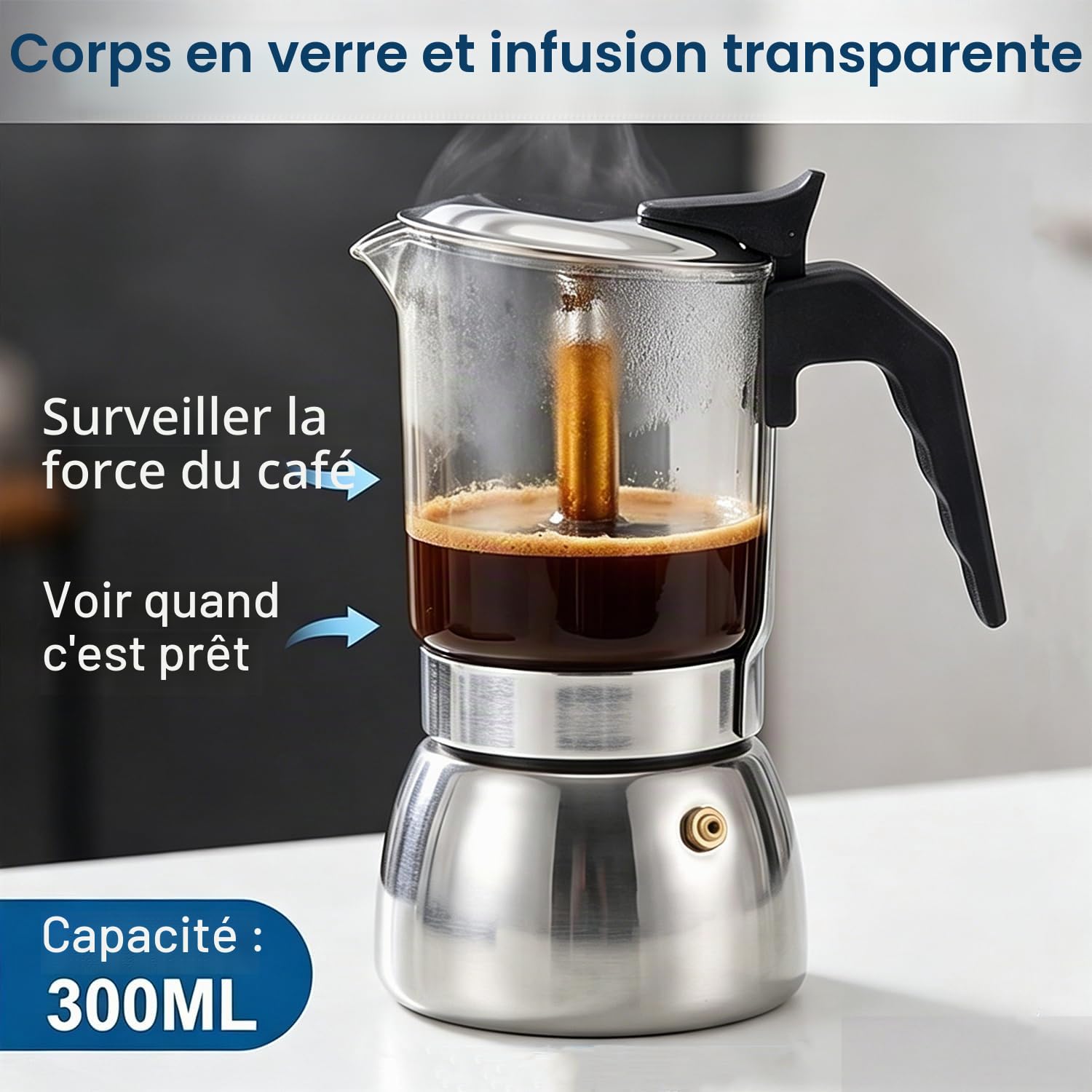 Pilipane Cafetière Moka à Induction, Cafetière Pour Café Italien, 200 Ml/300 Ml En Verre Transparent Et Acier Inoxydable, Cafetière Design(300ml)