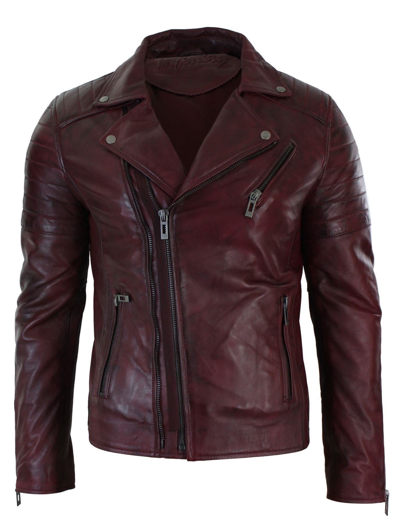Infinity Leather Men's Burgundy Leather Company Cross Zip Brando Leather Biker Jacket - Small