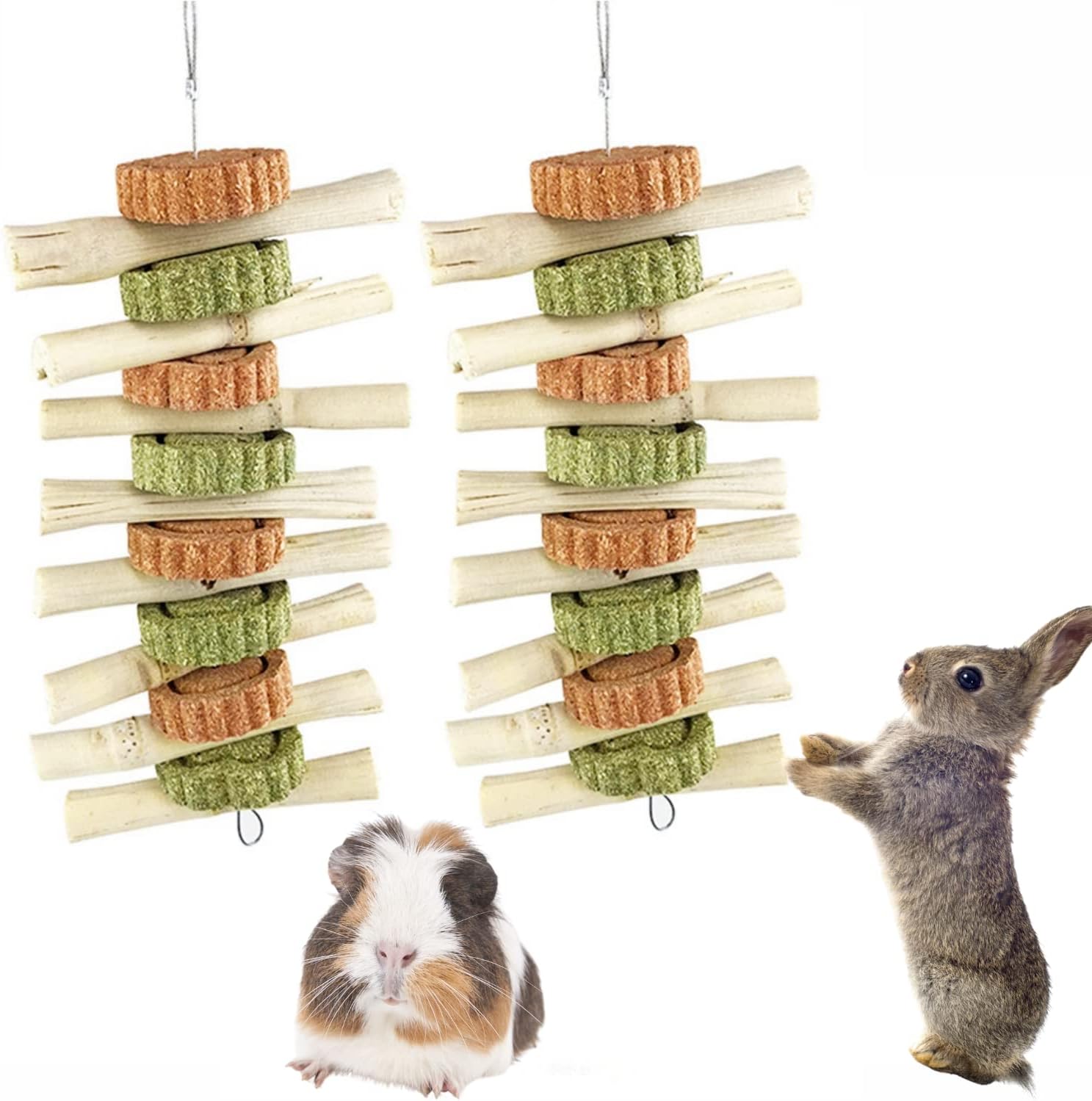2PCS Rabbit Toys - Bunny Chew Toys for Teeth Grinding, Improve Dental Health, Natural Sweet Bamboo Timothy Grass Cake Treats for Rabbit Guinea Pig Chinchilla Hamster Small Animal Rodents (2 Pcs)