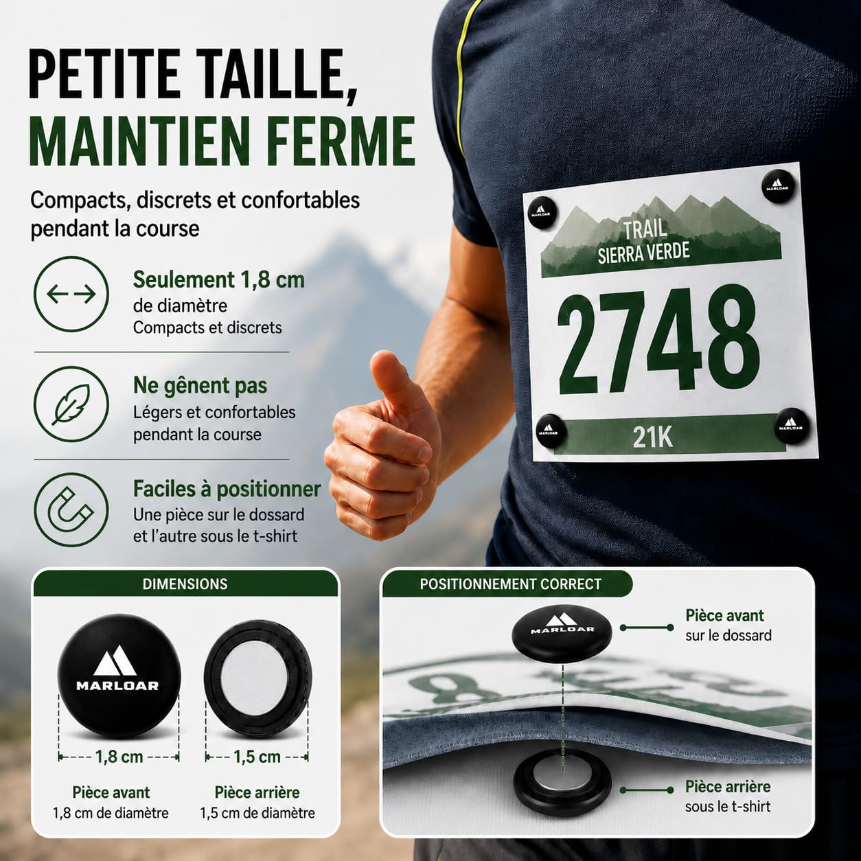 Lot de 4 et 6 aimants dorsales pour course à pied, trail, marathon et triathlon, fixation ferme sans épingles, ne perce pas le maillot, lot de 4 et 6