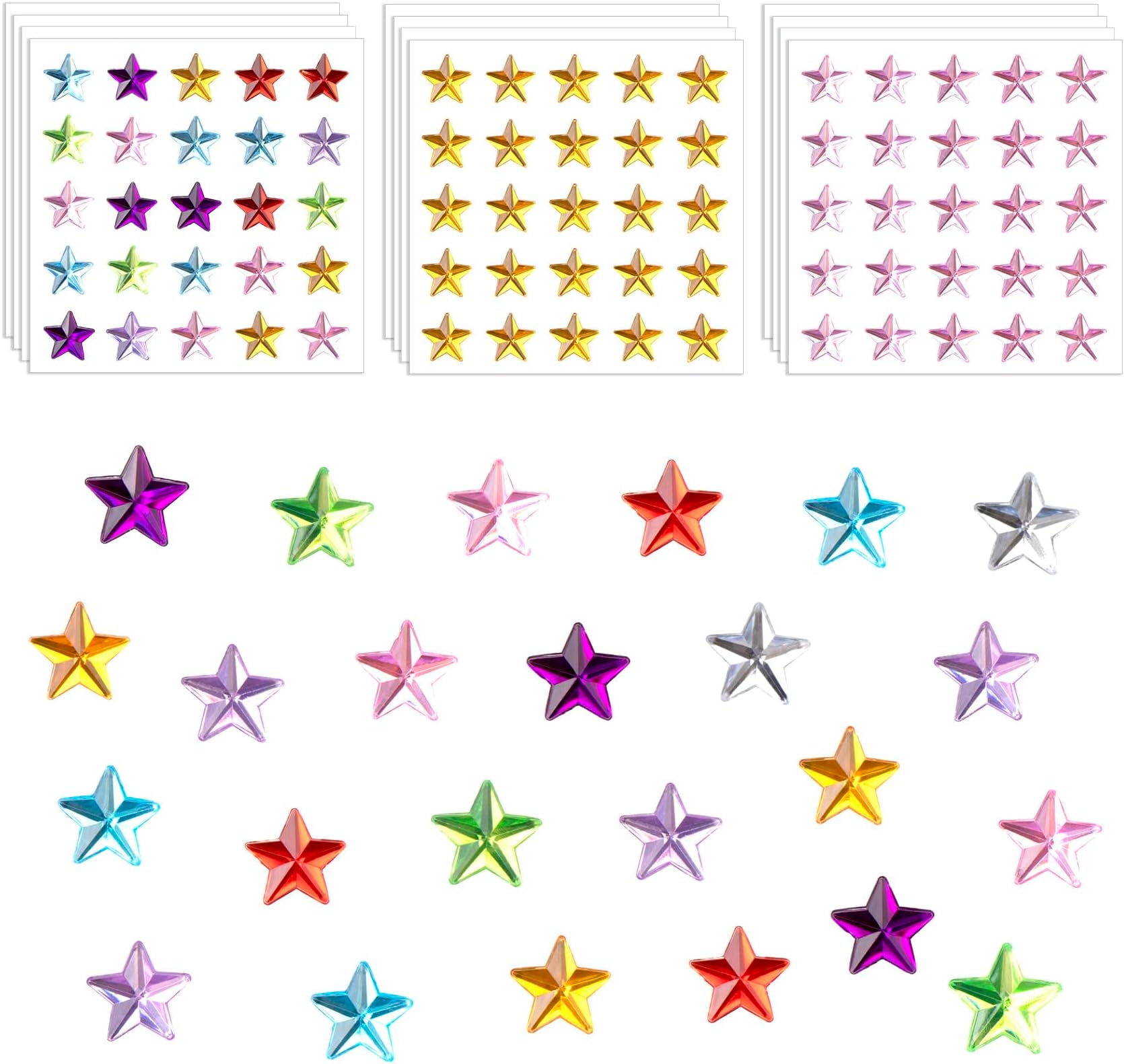 HINZIC 250PCS 12mm Rhinestones Star Gems, Colorful Crystal Body Face Eye Stickers Self Adhesive Acrylic Nail Jewel Decor Wedding Engagement Rave Accessories for Scrapbook Phone Case Invitation Cards