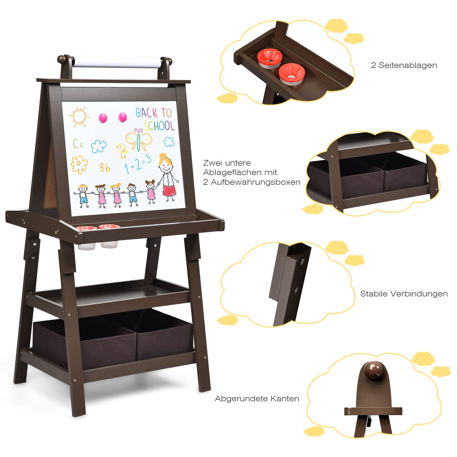 RELAX4LIFE 3 en 1 Pizarra Infantil, Caballete Pintura Niños con Rollo de Papel 5M, Caballete de Doble Cara con 3 Estantes, 2 Cajas, 2 Imanes y 2 Botes de Pintura, Regalo para Niños (Café)