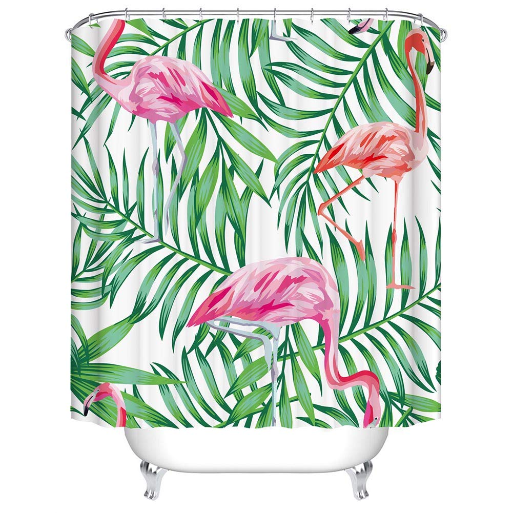 BOYOUTH Pink Flamingo and Green Leaves Pattern Digital Print Shower Curtains,Polyester Waterproof Fabric Bath Curtain with 12 Hooks,70x70-Inch,Multicolor