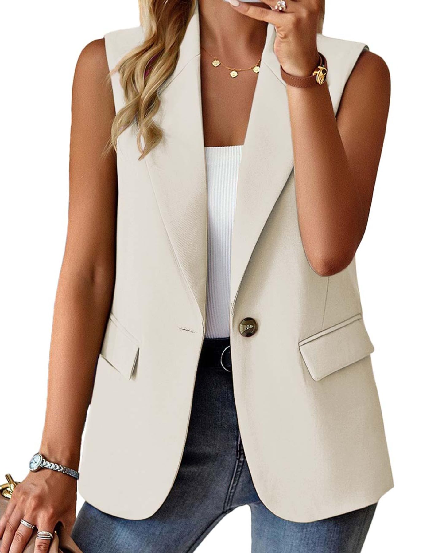 Lajuacely Women's Sleeveless Blazers Open Front Casual Blazer Vests Solid Color Lapel Single Button Lightweight Jackets Women