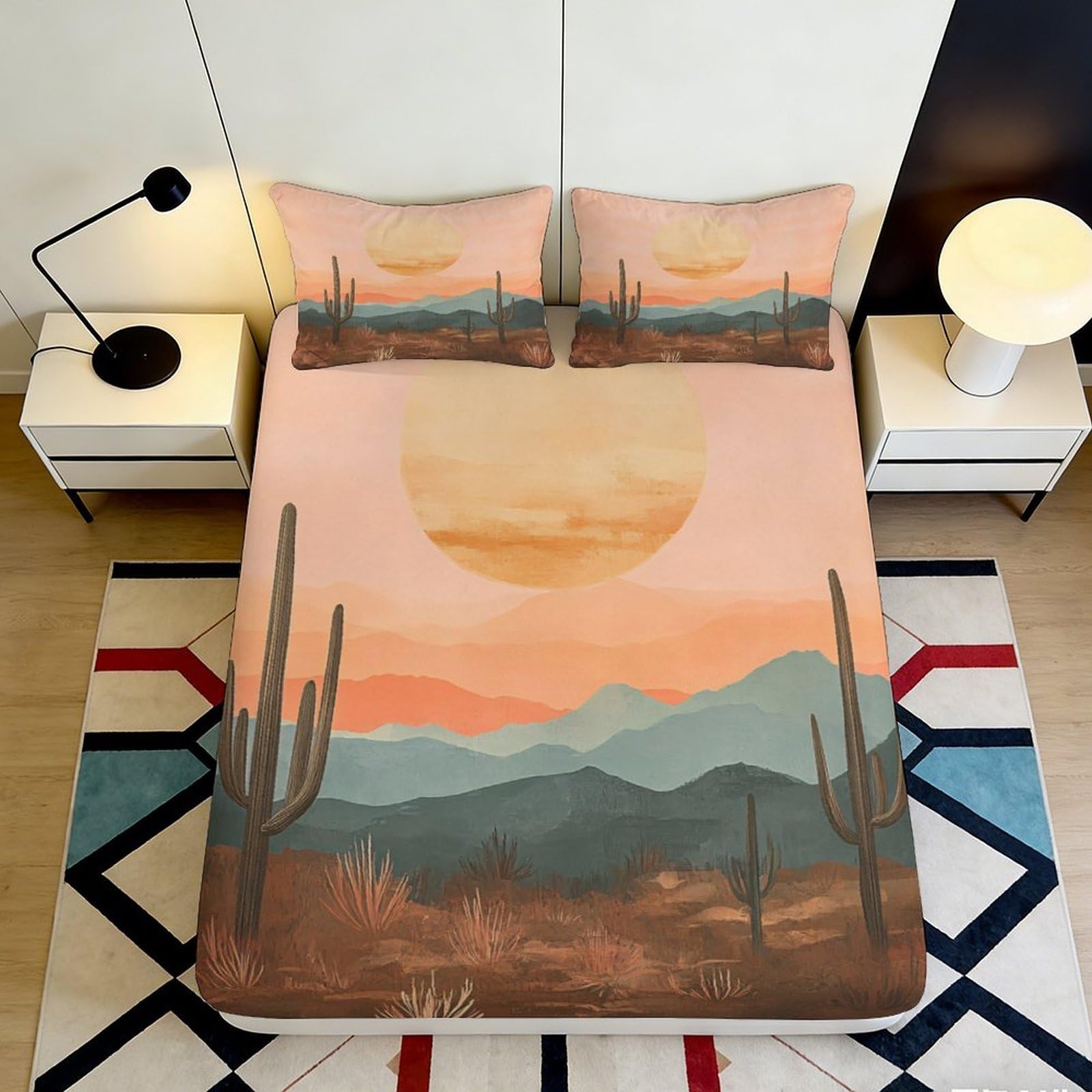 3D Printed Sunset Desert Fitted Sheet Microfiber Soft Breathable Cactus Landscape Mattress Cover for Bedroom Dorm Decor 90x200x25cm