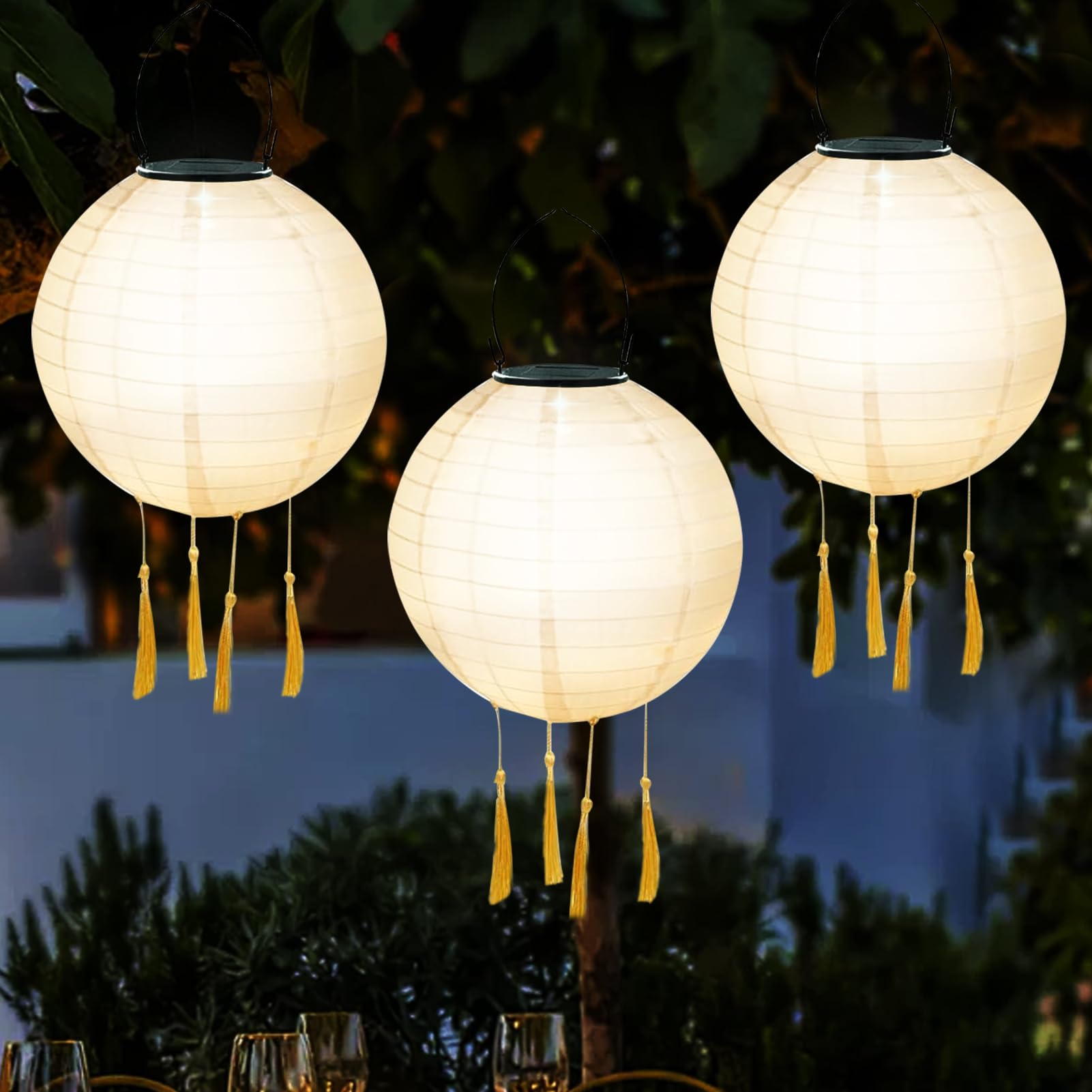 Solar Lights Outdoor Garden, 3Pcs Hanging Solar Lanterns Waterproof Solar-Powered Chinese Lantern Nylon Cloth LED Lights Hanging Garden Ornaments Lanterns for The Garden Yard Decorations (C)