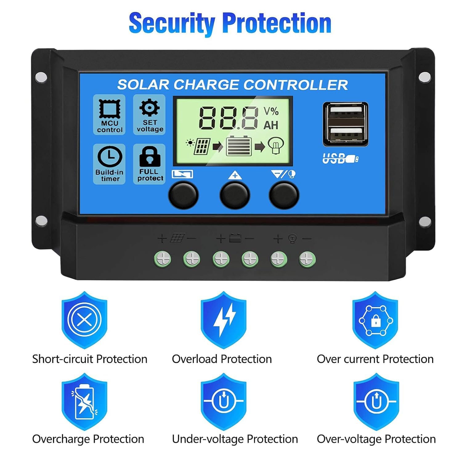 HASTHIP® 20A 12V to 24V Solar Charge & Panel Controller,Intelligent Regulator with Dual USB Port 5V Light Timer Control and LCD Display - Image 5 thumbnail