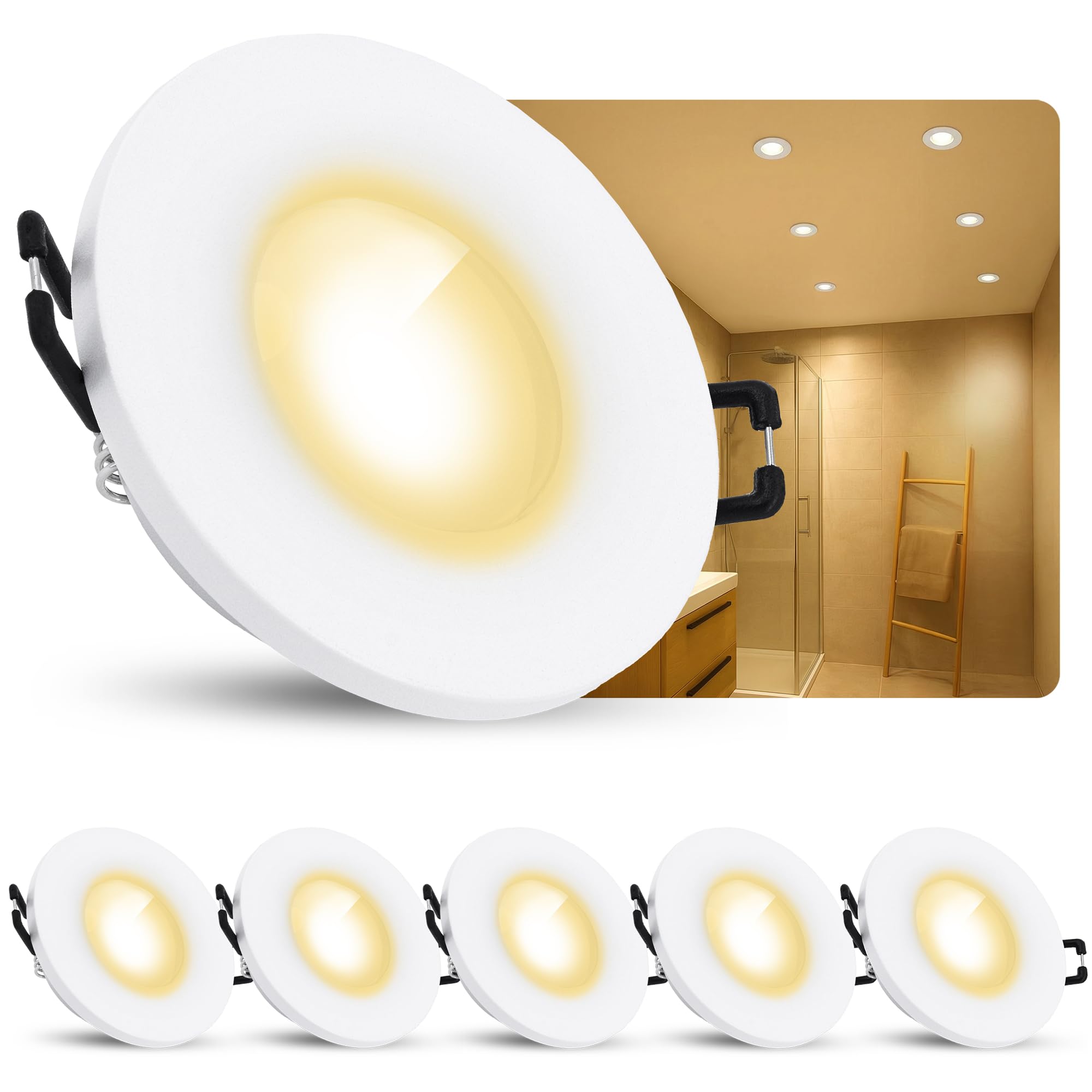 SSC-LUXon BEDA Einbauspot 6er Set weiß rund IP65 GU10 2W warmweiß flach | Sechs flache Einbauspots IP65 weiß - warmweiß, nur 30mm tief, für Bad, Dusche & Wohnbereich, wechselbares GU10 LED