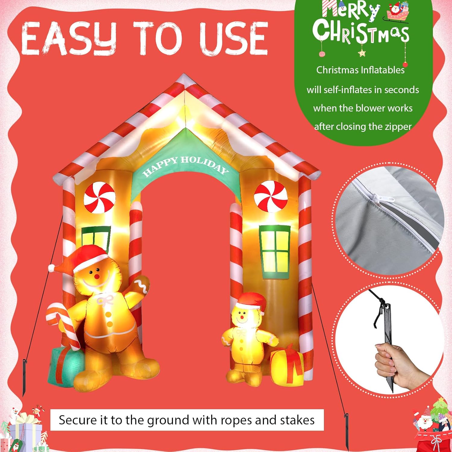 9.97 ft Inflatable Christmas Arch Outdoor Decoration Blow up Gingerbread Man Cookie House and Peppermint Decor with LED Lights Set for Indoor Outdoor Porch Door Garden Inflatable Xmas Arch Supplies - Image 6