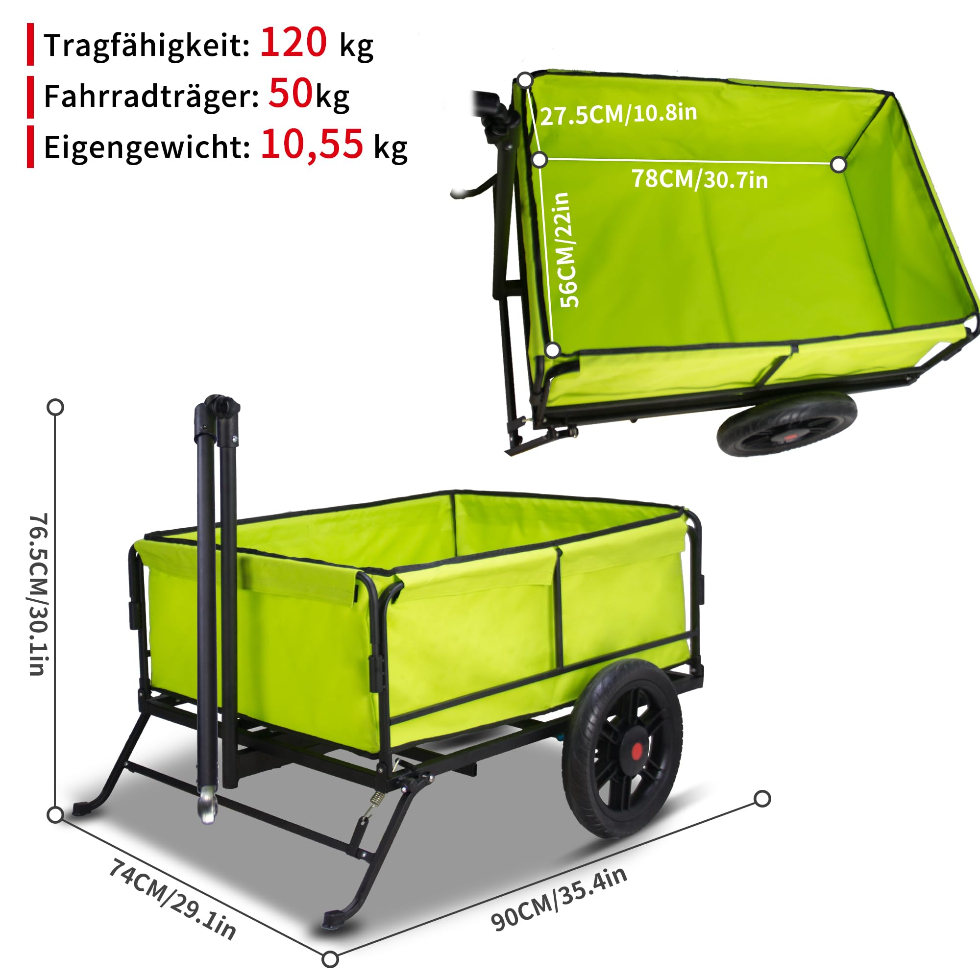 TMZ Fahrradanhänger 120L Tragfläche, Lastenanhänger mit Fahrradkupplung und Elastischem Netz, 50kg Zuladung, Handwagen mit Abnehmbaren Reifen, Reflektoren