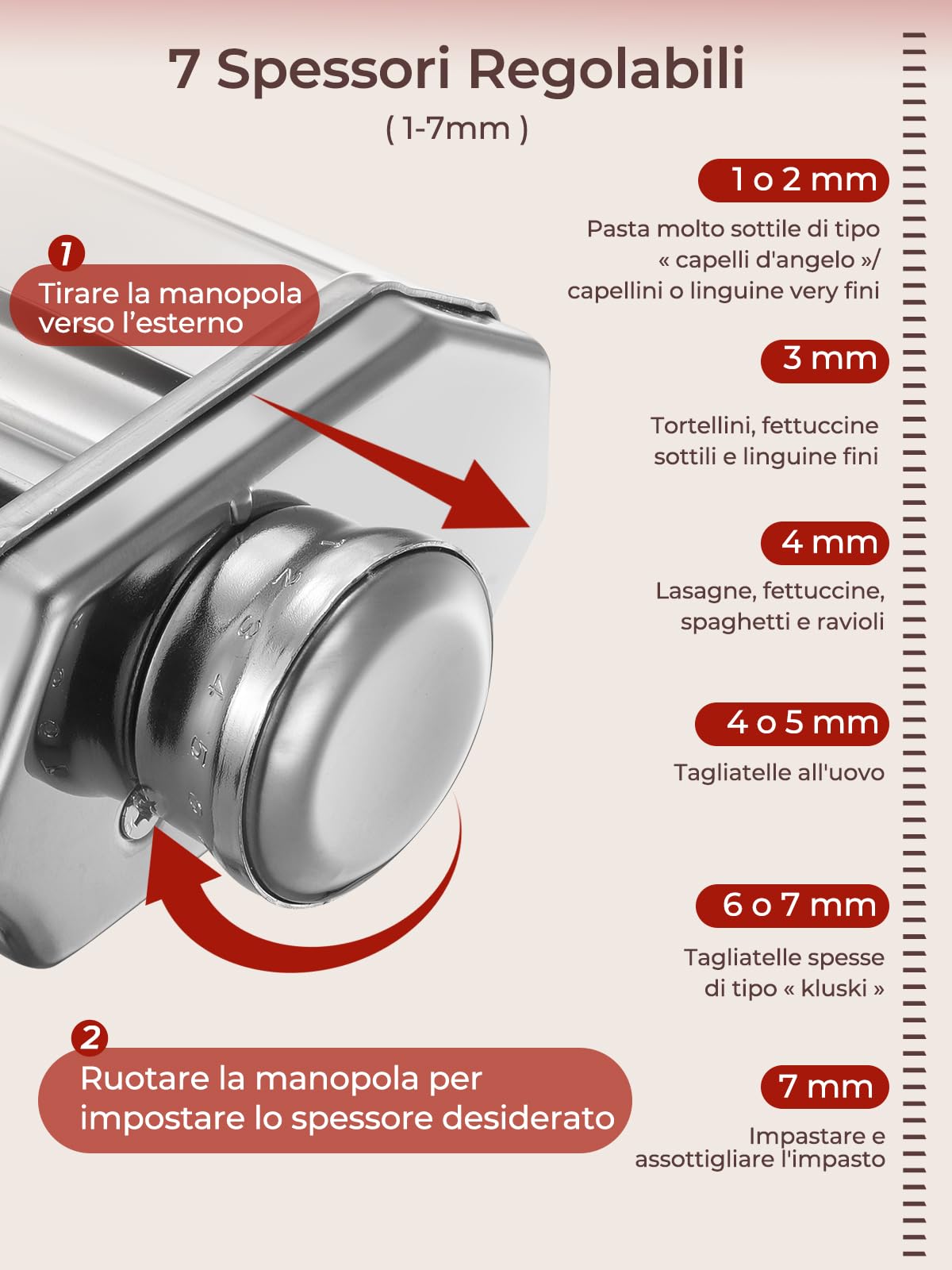 FOHERE Accessorio per Pasta per KitchenAid, Kitchenaid Accessori Inclusi Rollio per Pasta e Spazzola per la Pulizia (7 Spessori Regolabili)