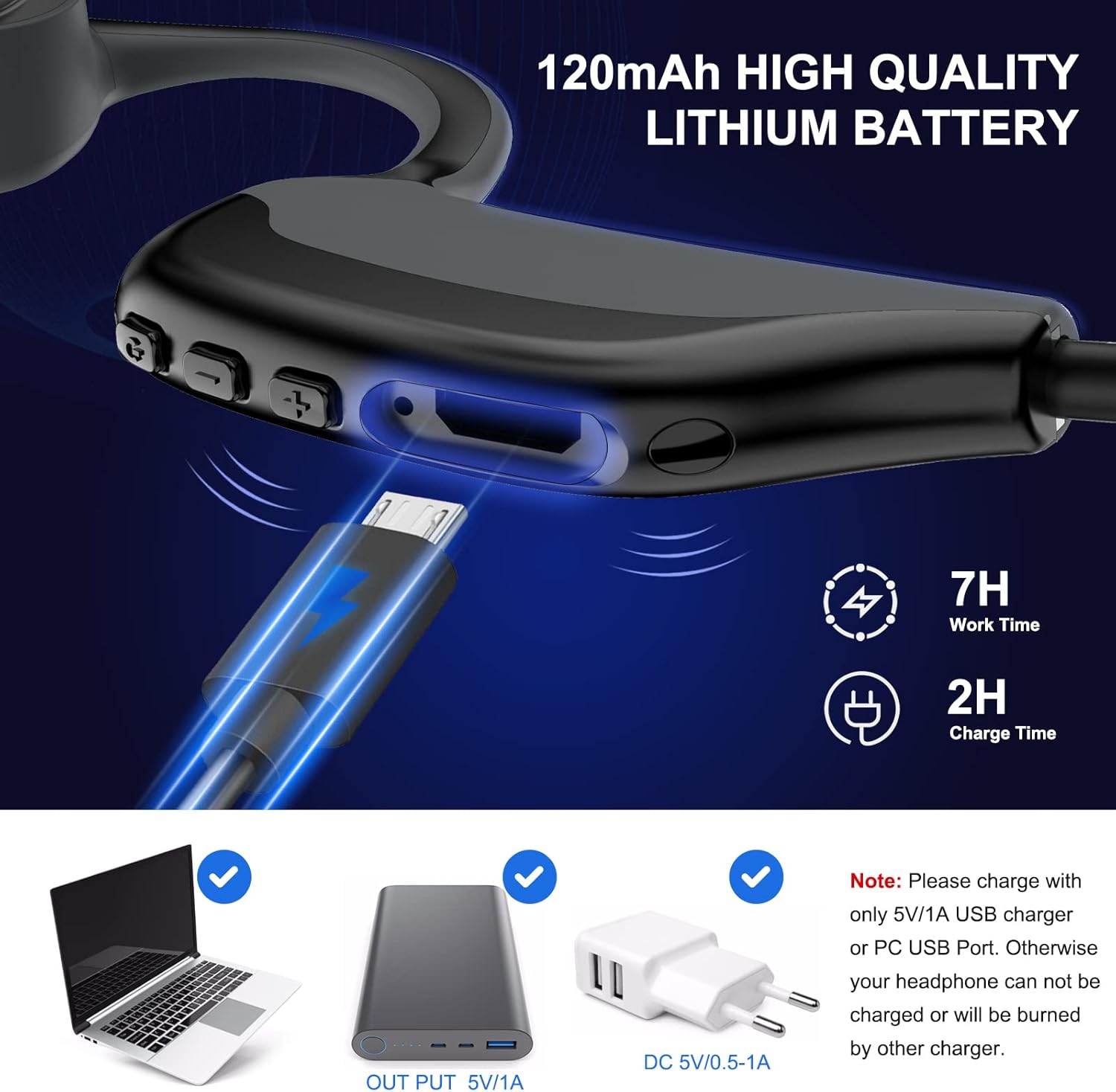 Close-up of the Tayogo S2 headphone charging port with a USB cable connected, showing battery life and charging time.