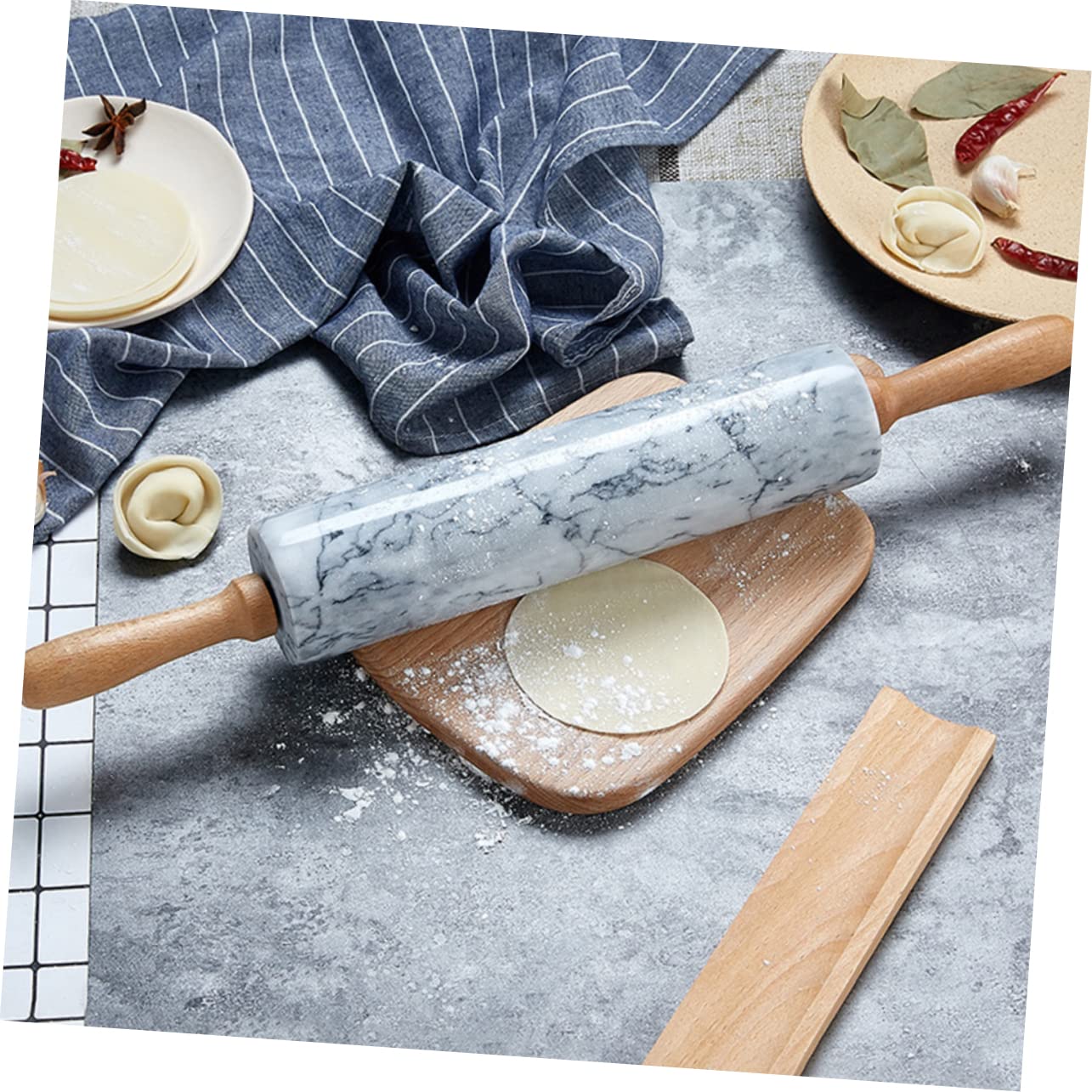 Mattarello in Marmo Manico in Legno, Superficie Antiaderente, Pratico per Cucina e Impasto, Design Semplice per Pasta e Dolci