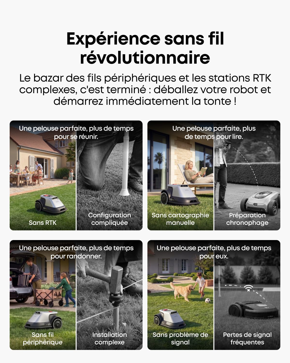 eufy E15 Robot Tondeuse sans Fil périphérique ni RTK, sans problème de Signal, Configuration 5 Min, cartographie Mains Libres, 800 m2, contournement Obstacles, Bordures, Navigation Intelligente