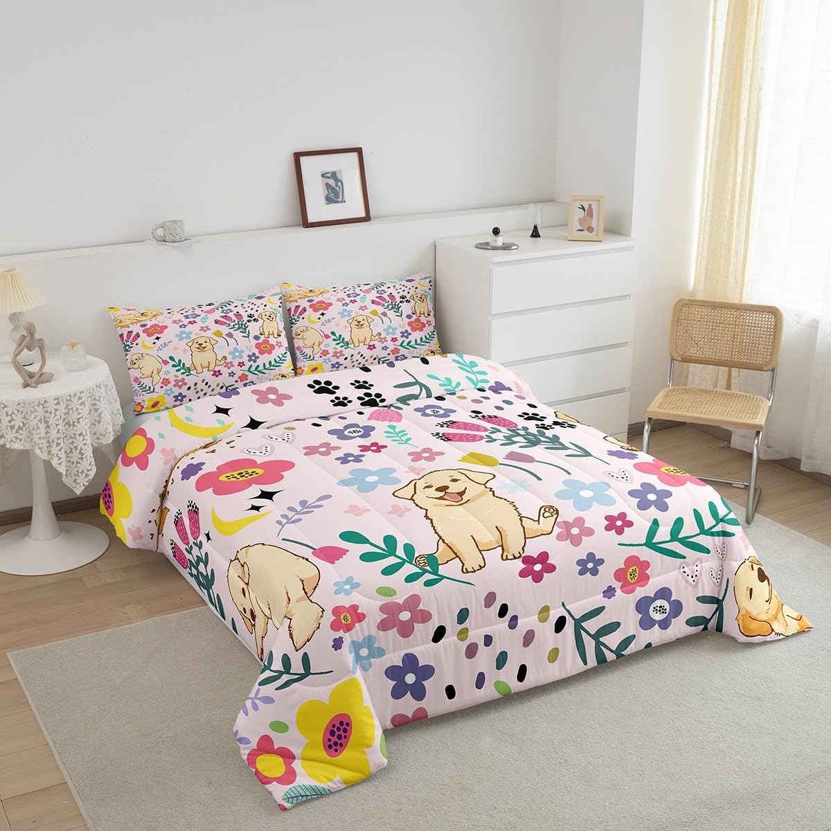 Erosebridal Floral Dog Comforter for Boys Girls Queen Pink Dog Bedding Set Cartoon Animal Comforter Sets,Cute Botanical Golden Retriever Puppy Bed Sets with 2 Pillowcases Soft